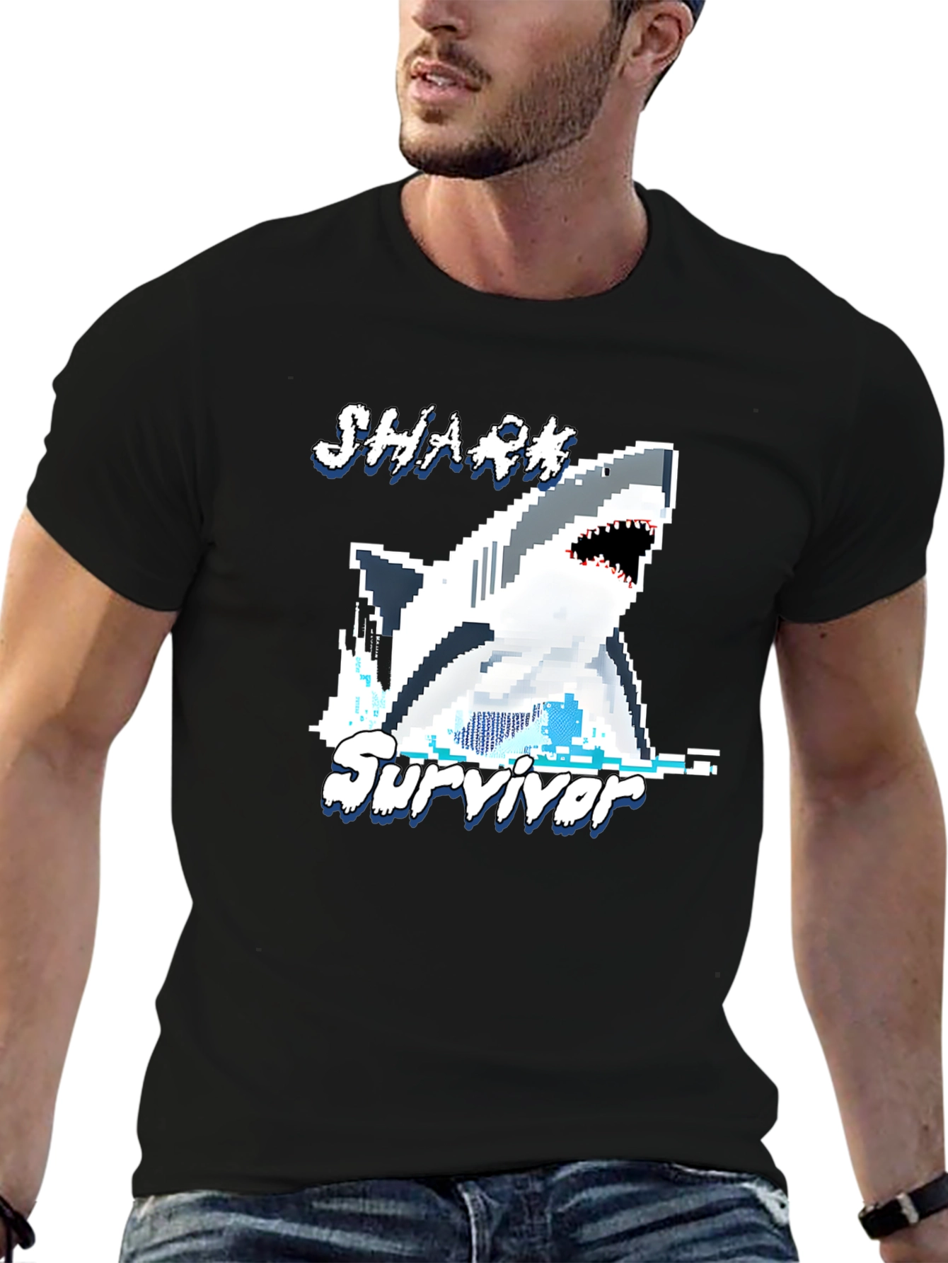 Shark Survivor Pixel Art Graphic Tee