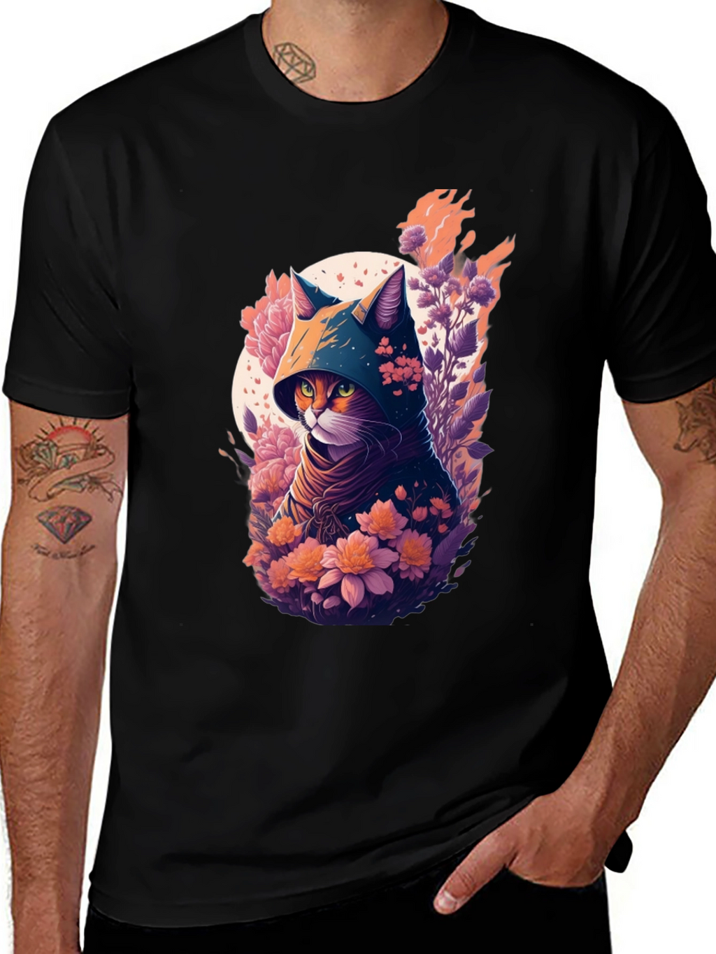 Hooded Cat Floral Print T-Shirt