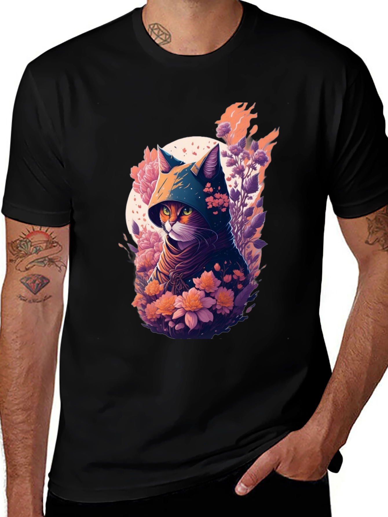 Hooded Cat Floral Print T-Shirt