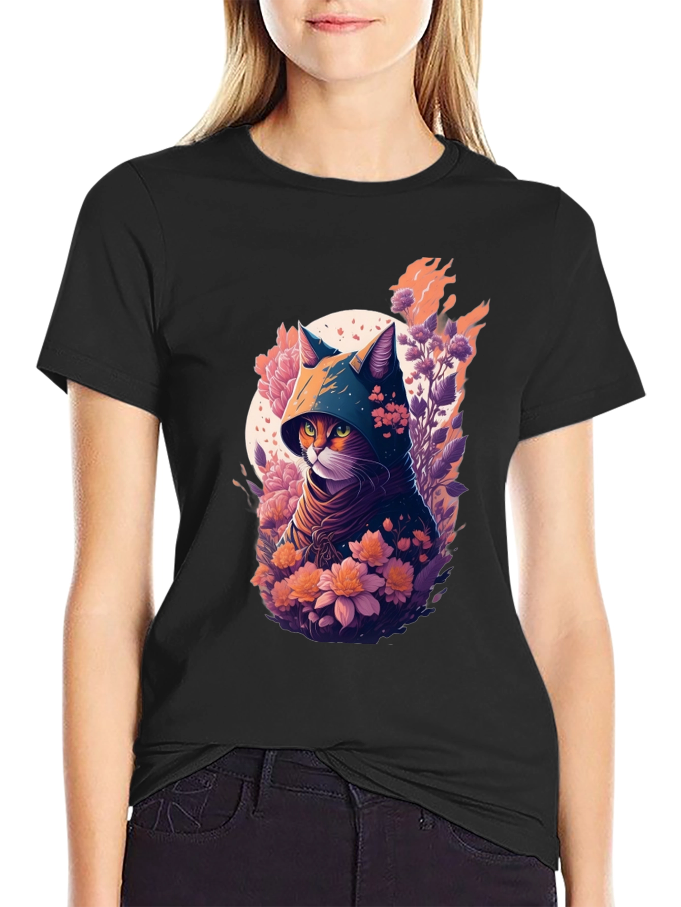 Hooded Cat Floral Print T-Shirt
