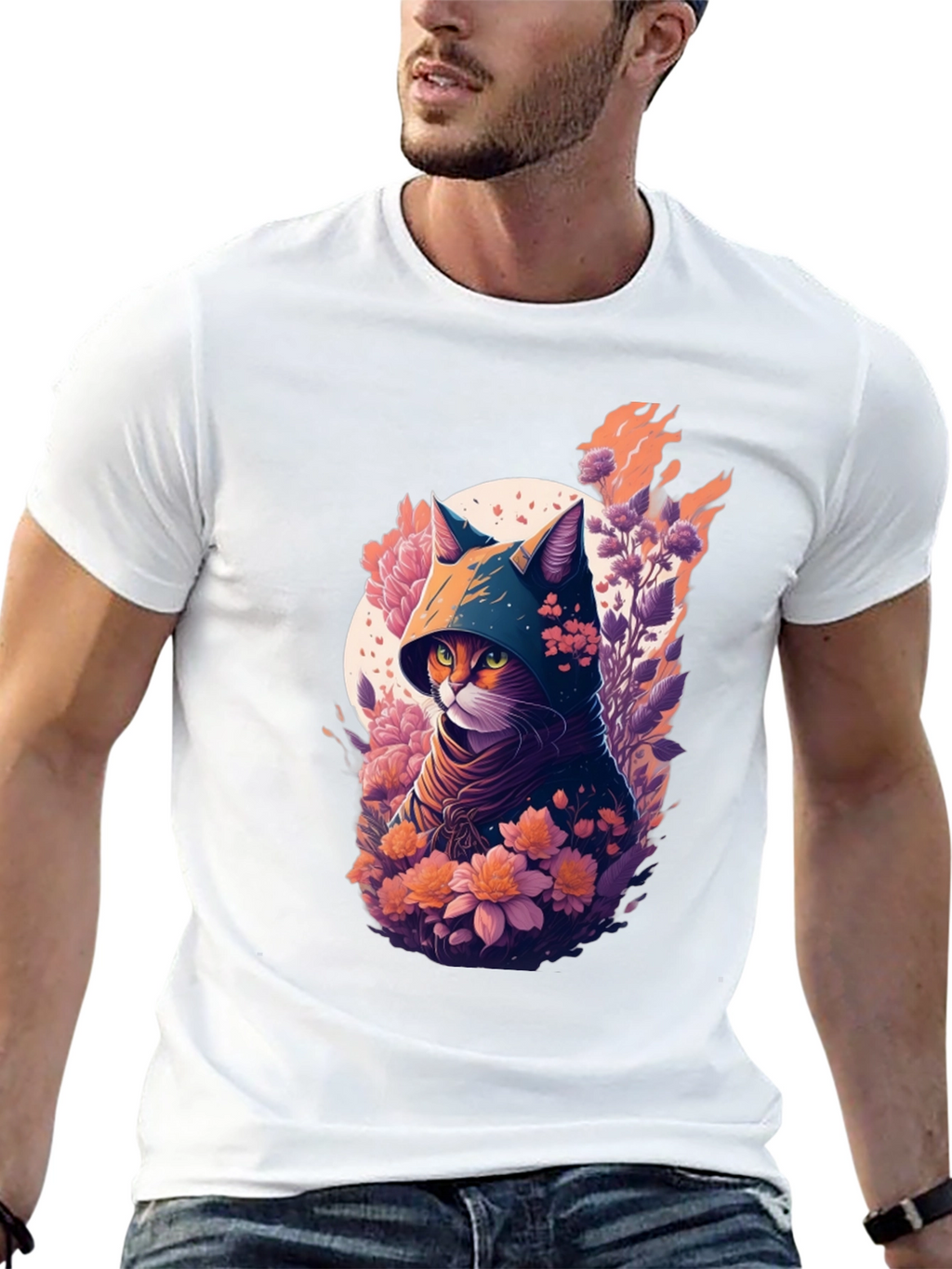 Hooded Cat Floral Print T-Shirt