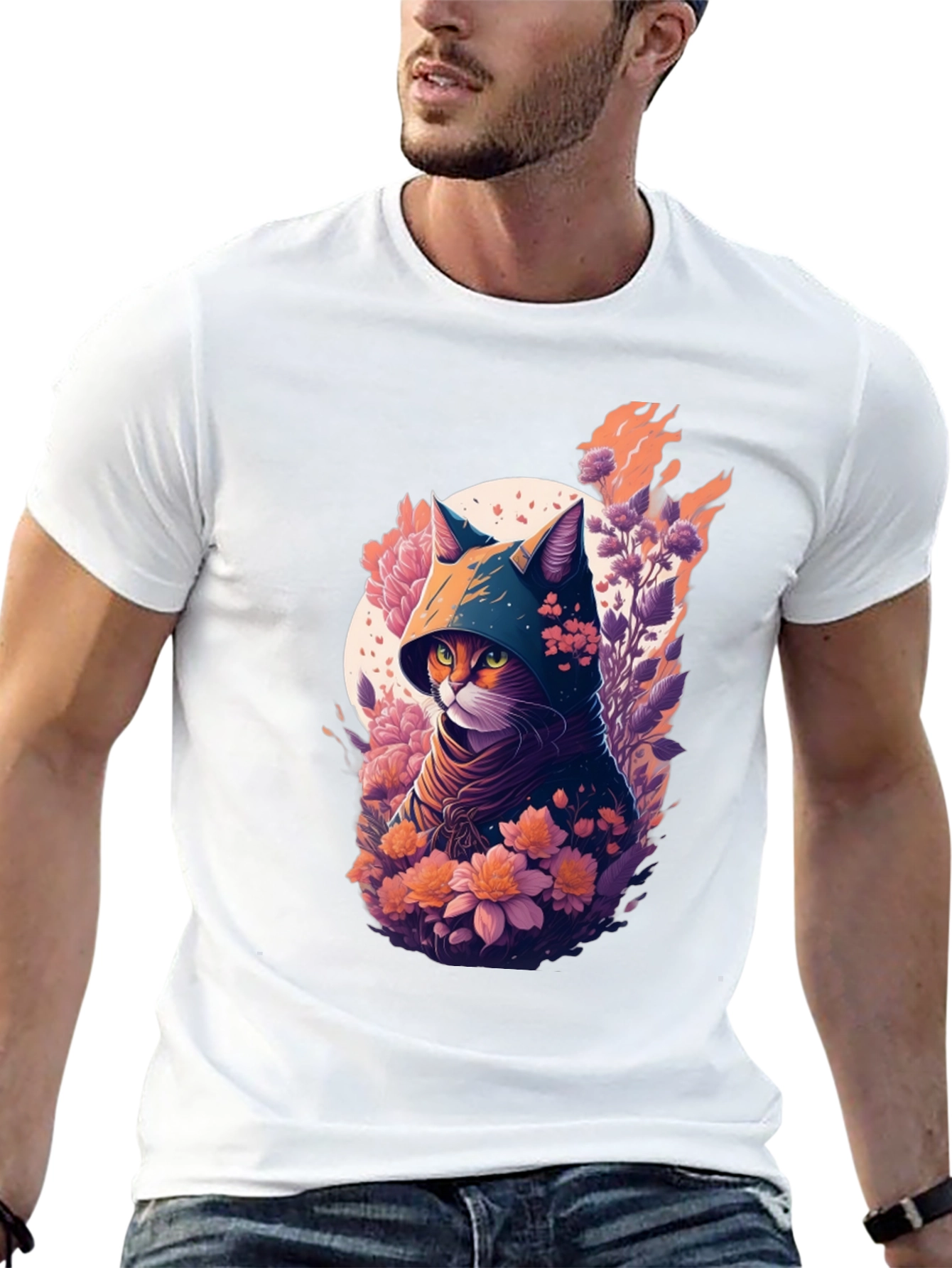 Hooded Cat Floral Print T-Shirt