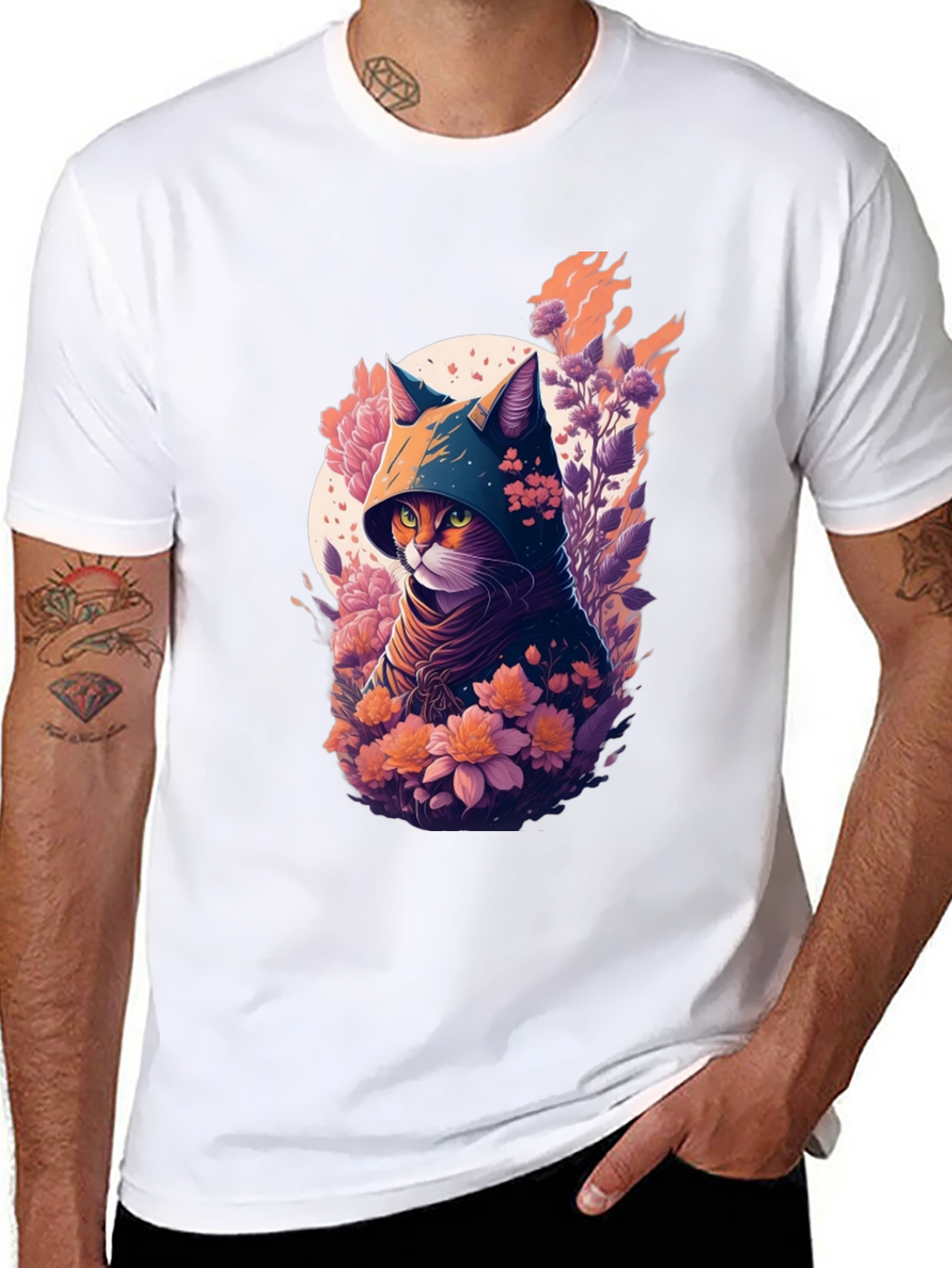 Hooded Cat Floral Print T-Shirt