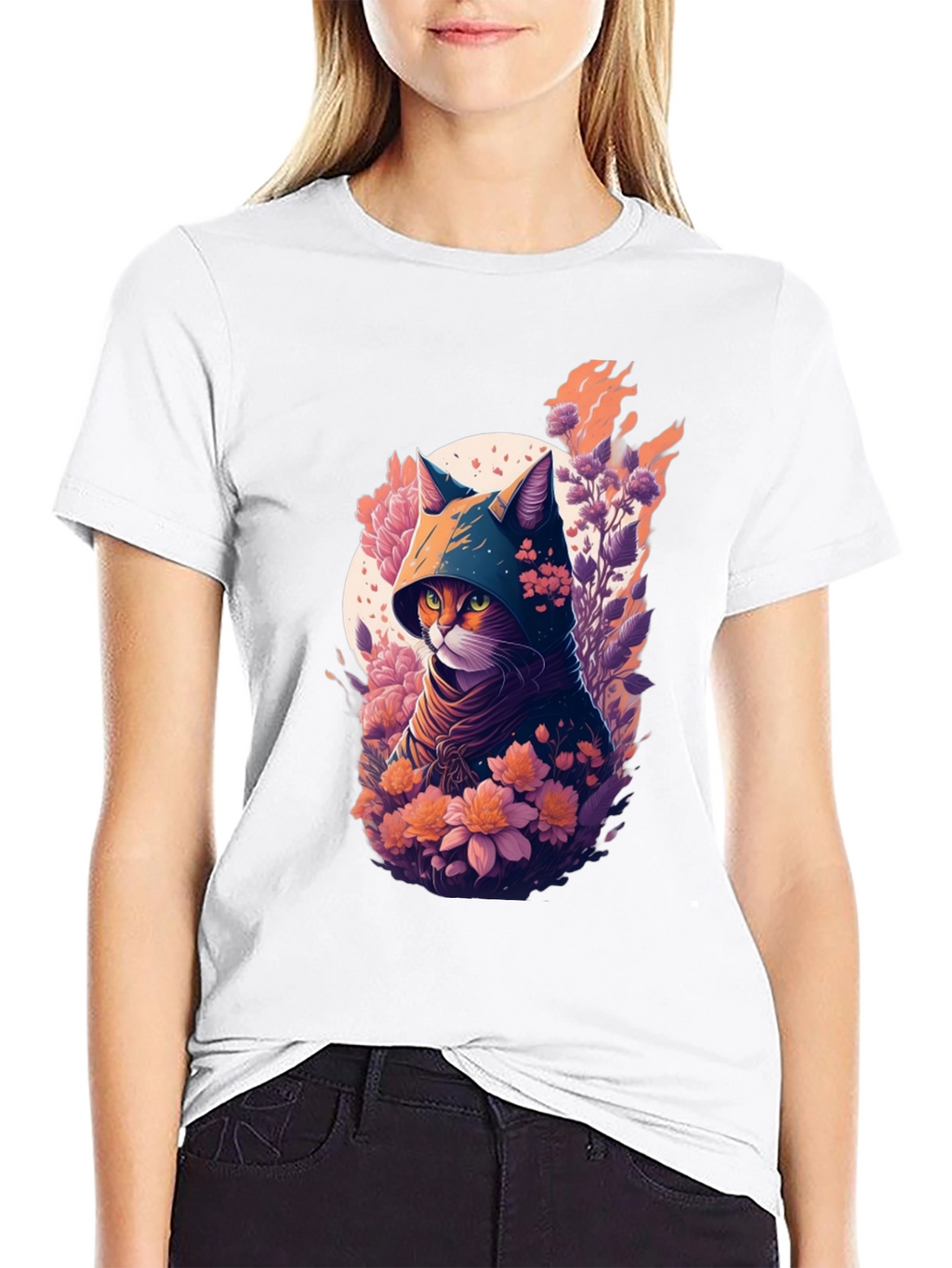 Hooded Cat Floral Print T-Shirt