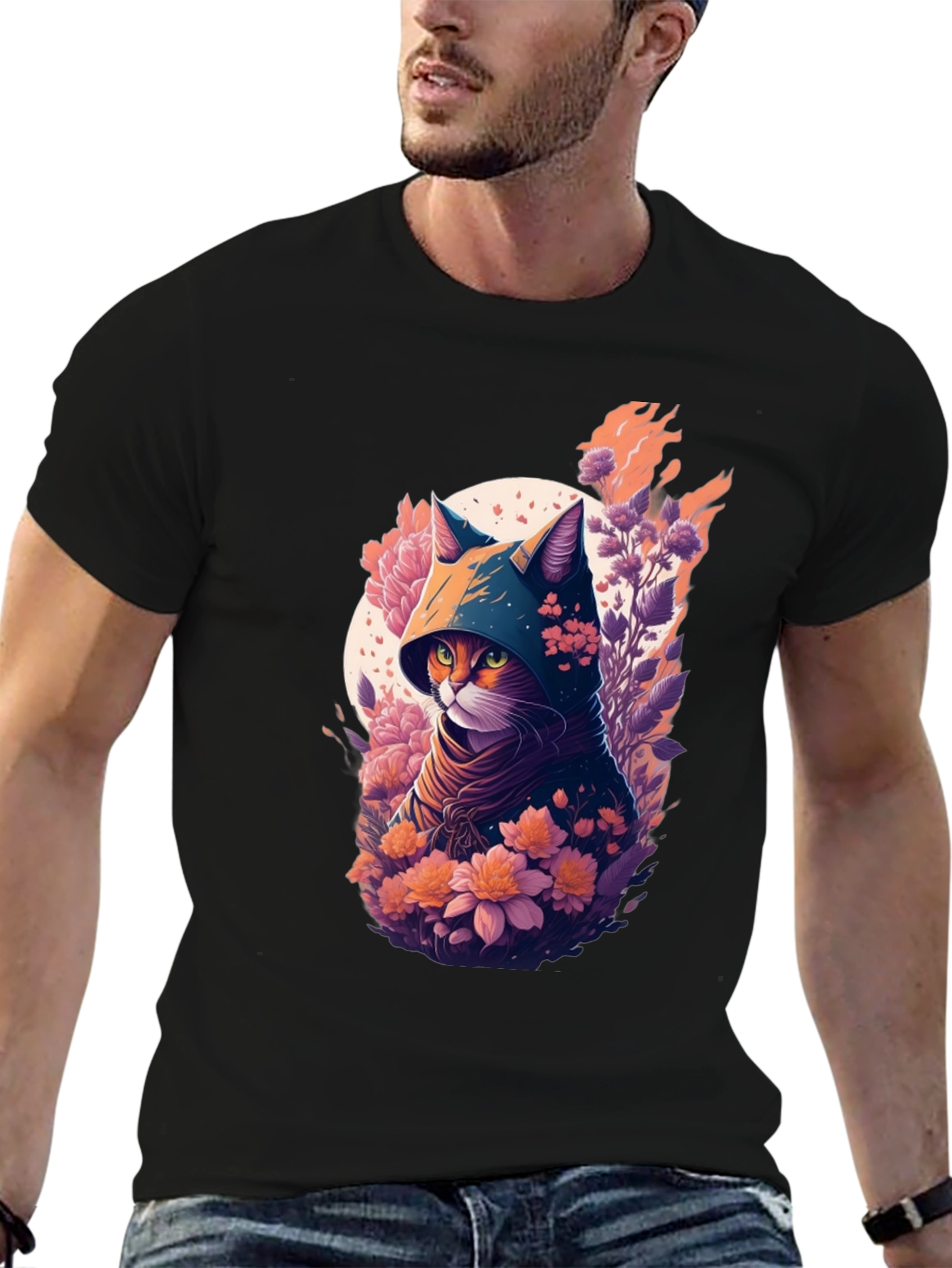 Hooded Cat Floral Print T-Shirt