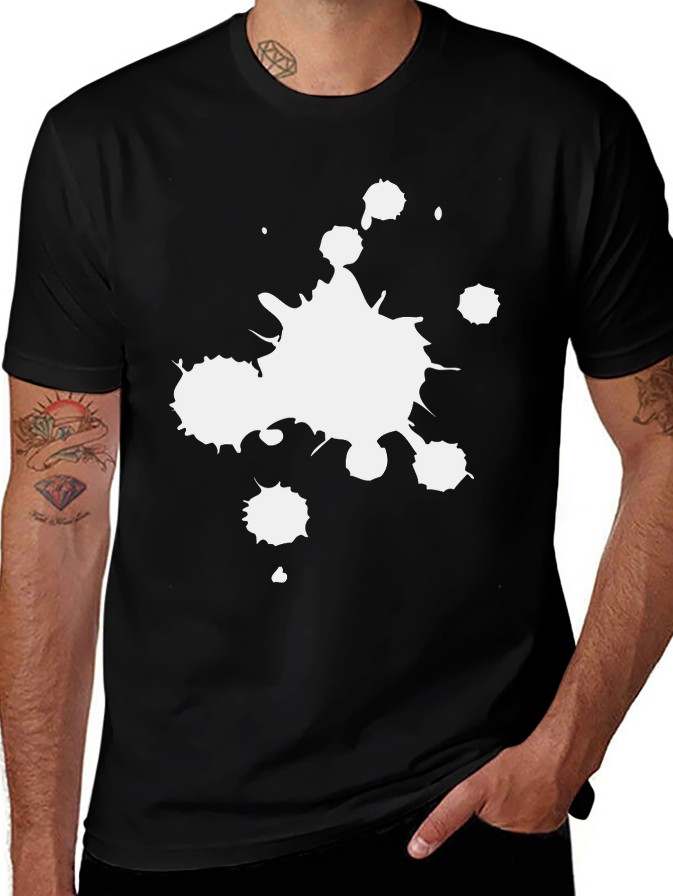 Black T-Shirt with White Paint Splatter Graphic