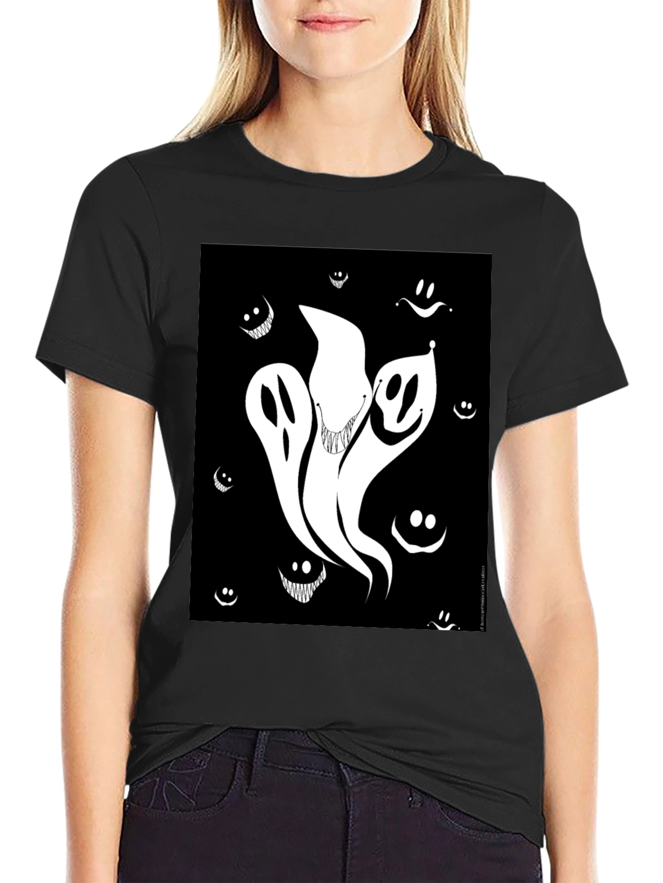 Spooky Ghost Graphic Tee - Black Cotton Shirt