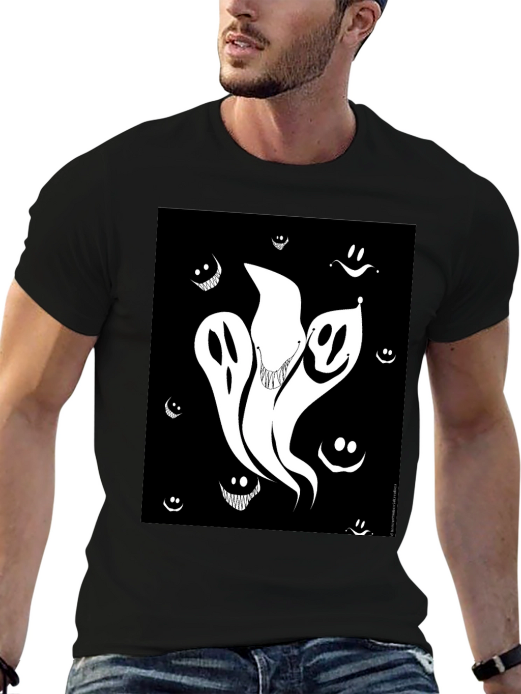Spooky Ghost Graphic Tee - Black Cotton Shirt