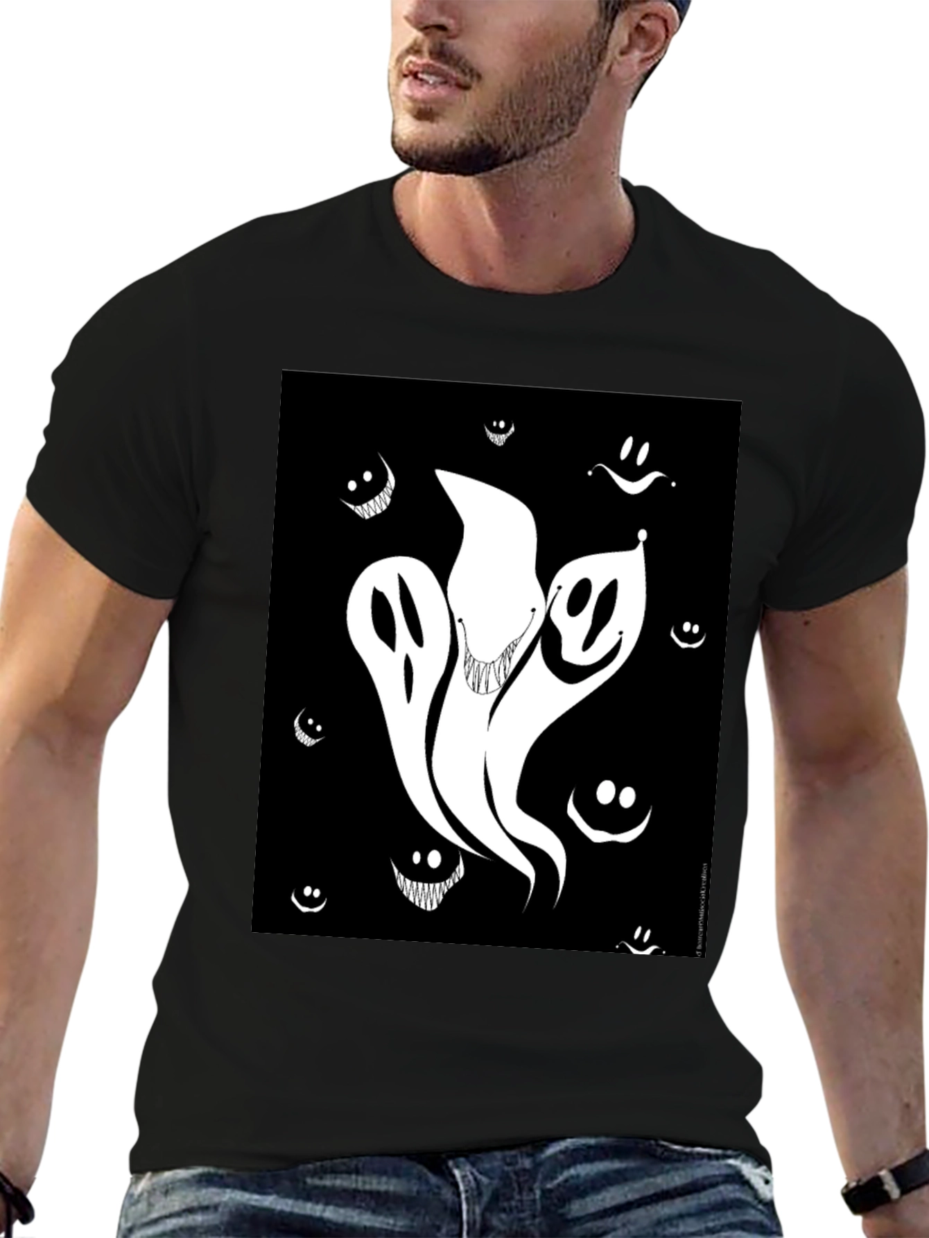 Spooky Ghost Graphic Tee - Black Cotton Shirt