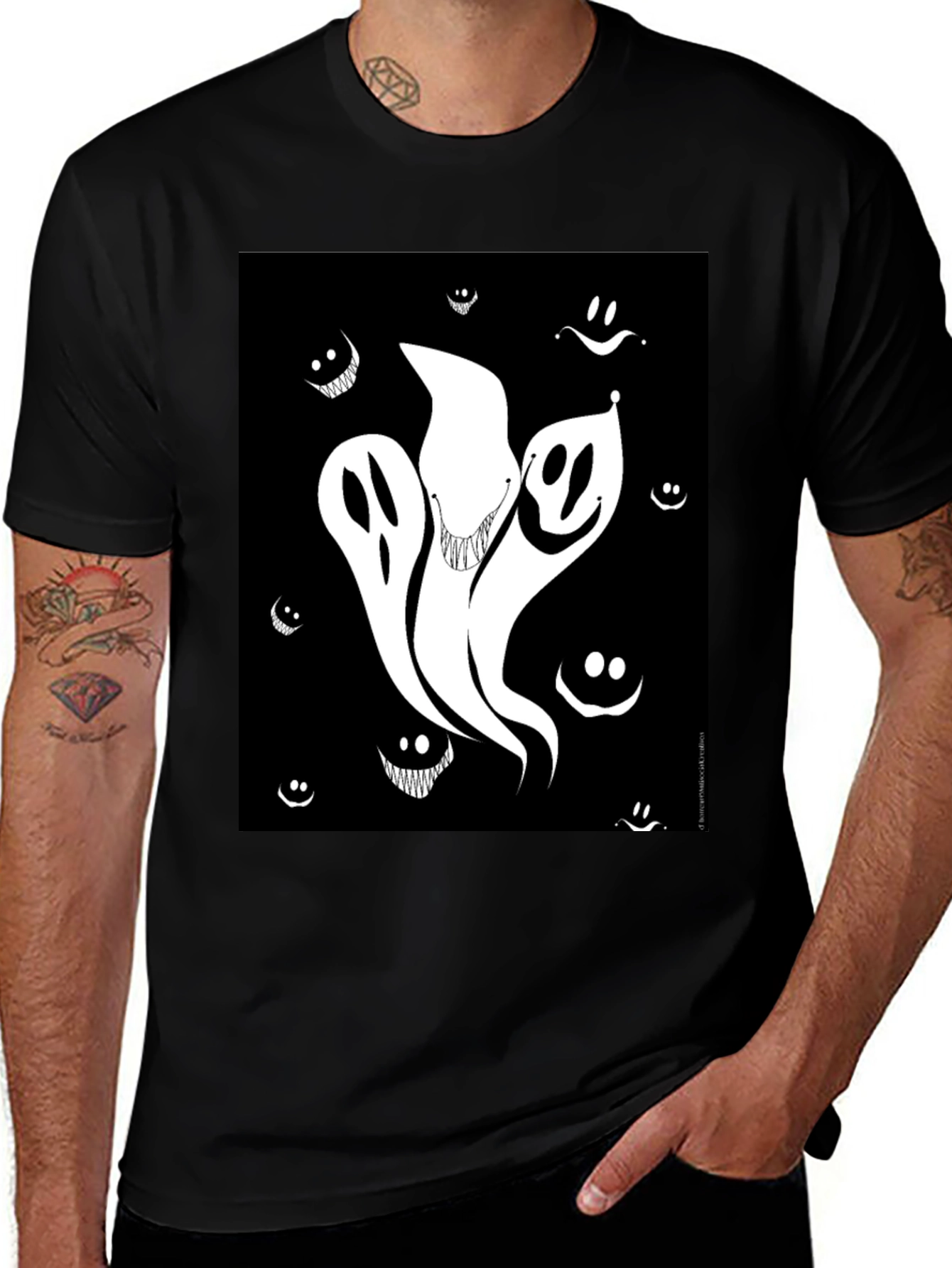 Spooky Ghost Graphic Tee - Black Cotton Shirt