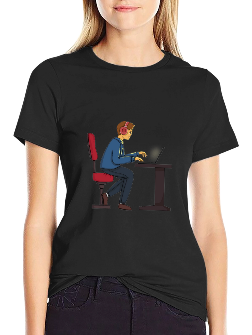Gamer Cartoon Graphic Tee - Black Cotton T-Shirt
