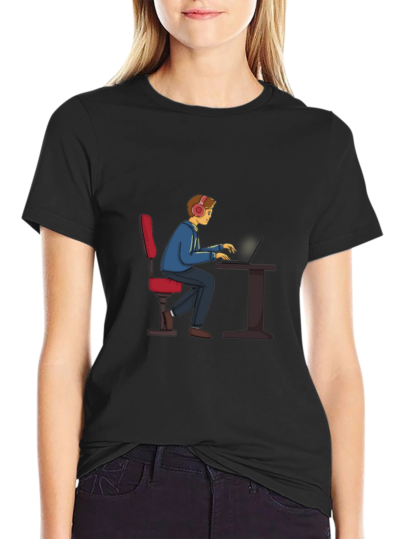 Gamer Cartoon Graphic Tee - Black Cotton T-Shirt