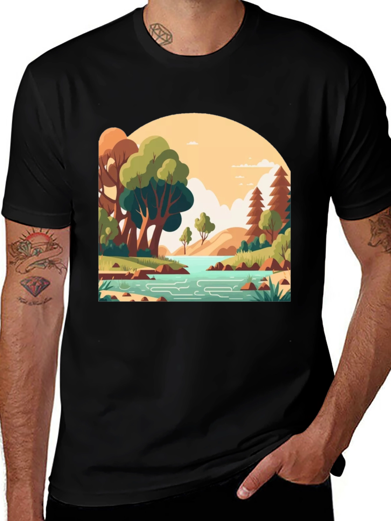 Nature Landscape Graphic Tee - Stylish Black T-Shirt