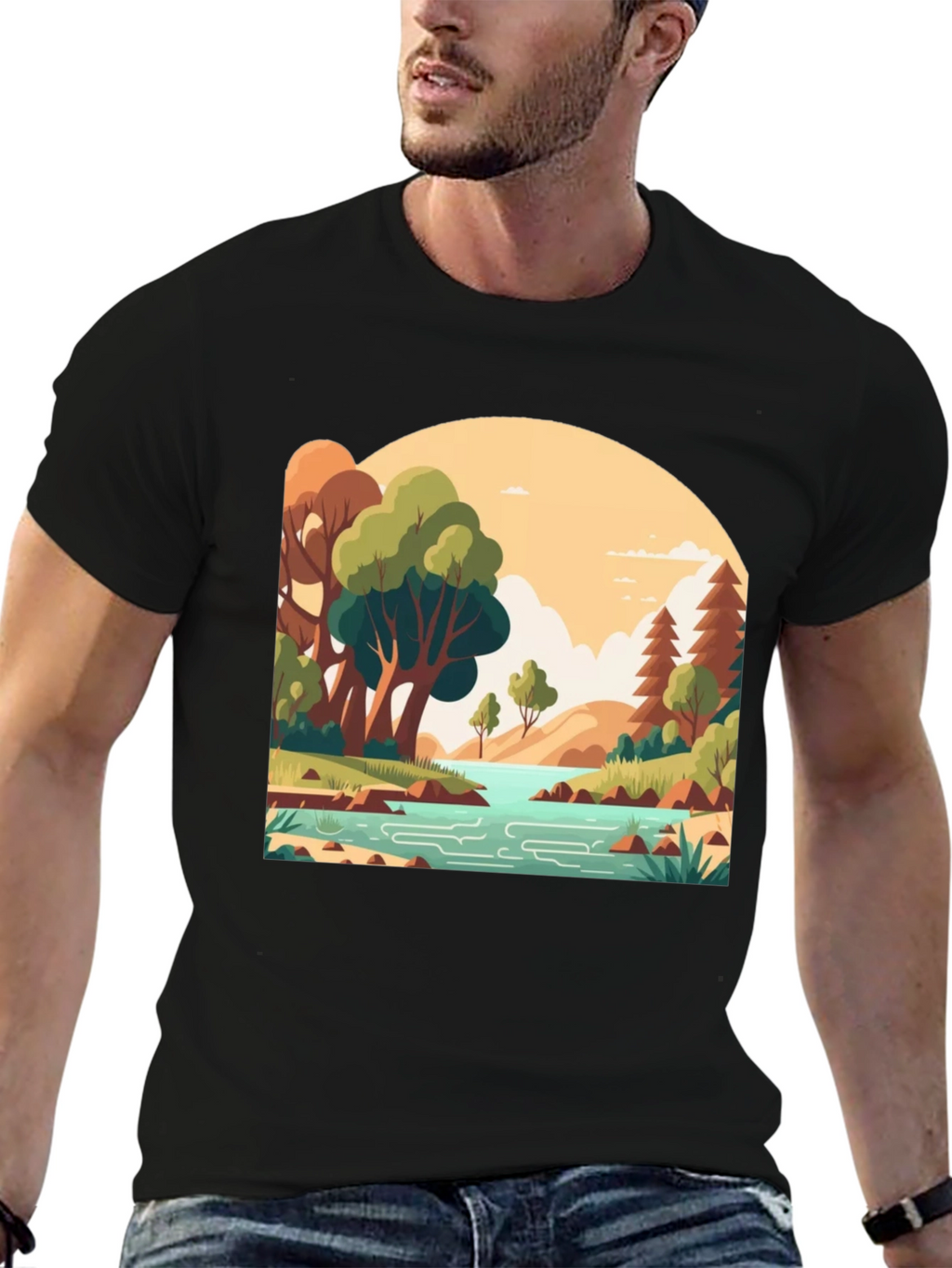 Nature Landscape Graphic Tee - Stylish Black T-Shirt