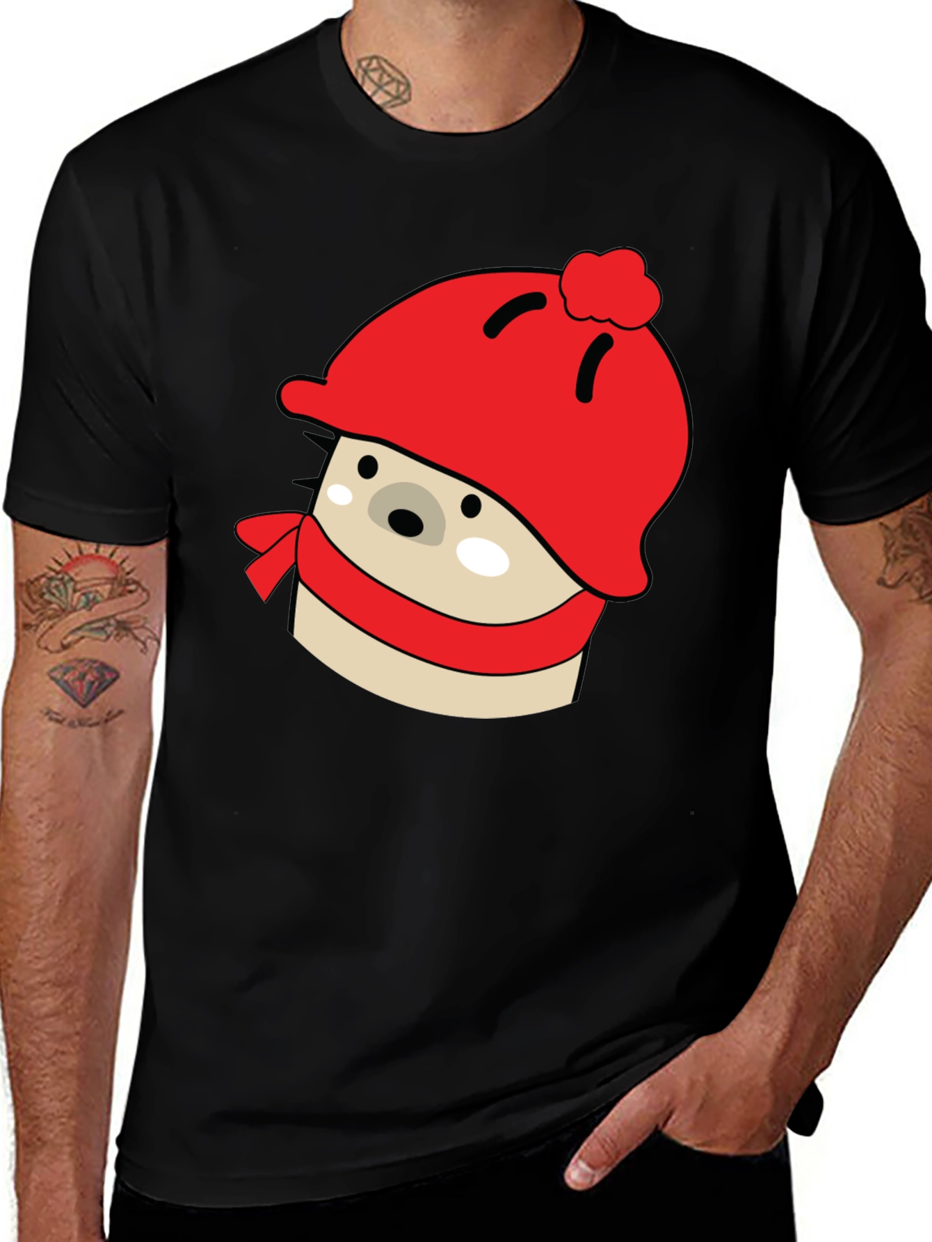 Cute Winter Hedgehog Graphic Tee - Black