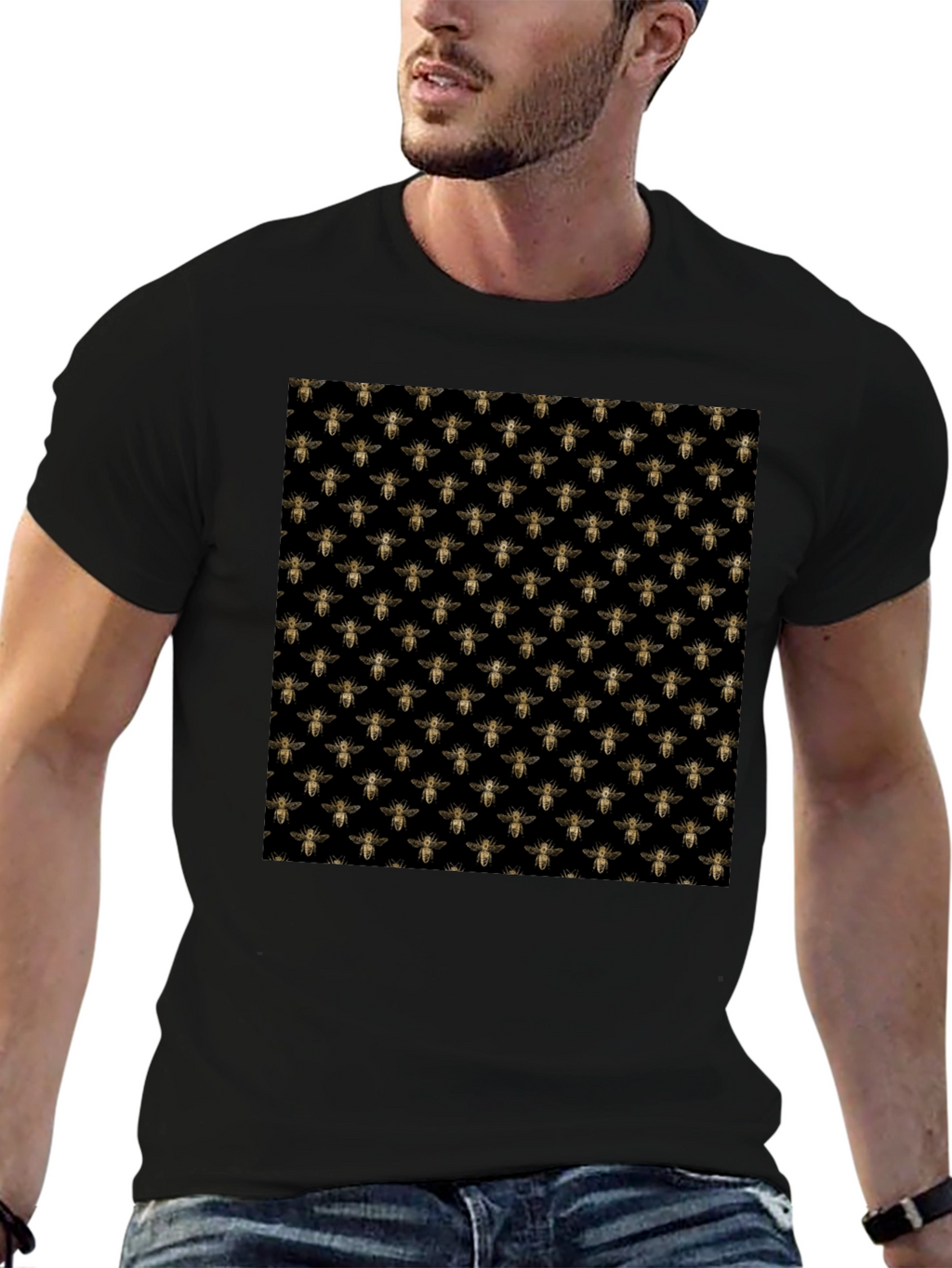 Bee Pattern Black T-Shirt