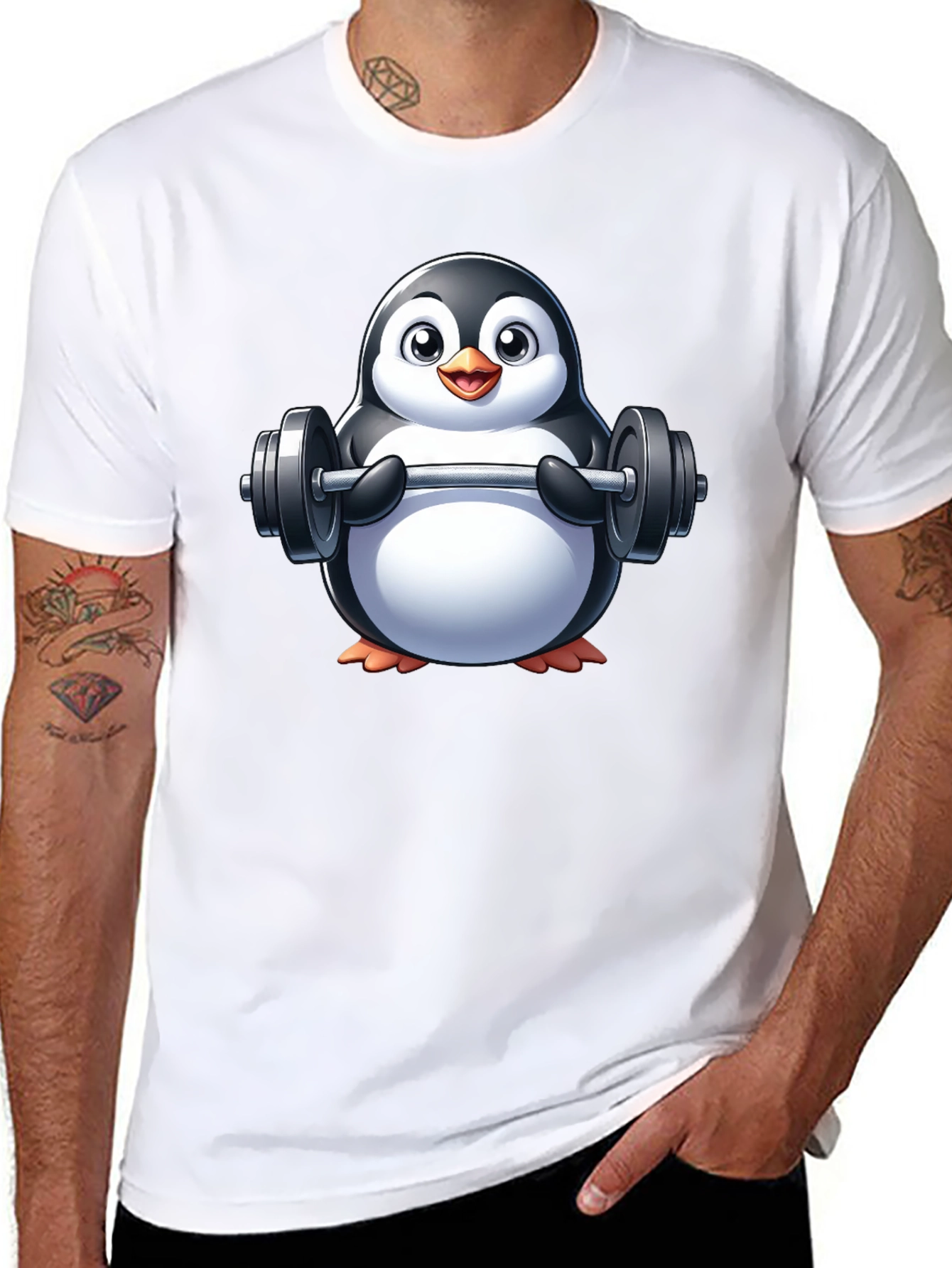 Penguin Lifting Weights Graphic Tee