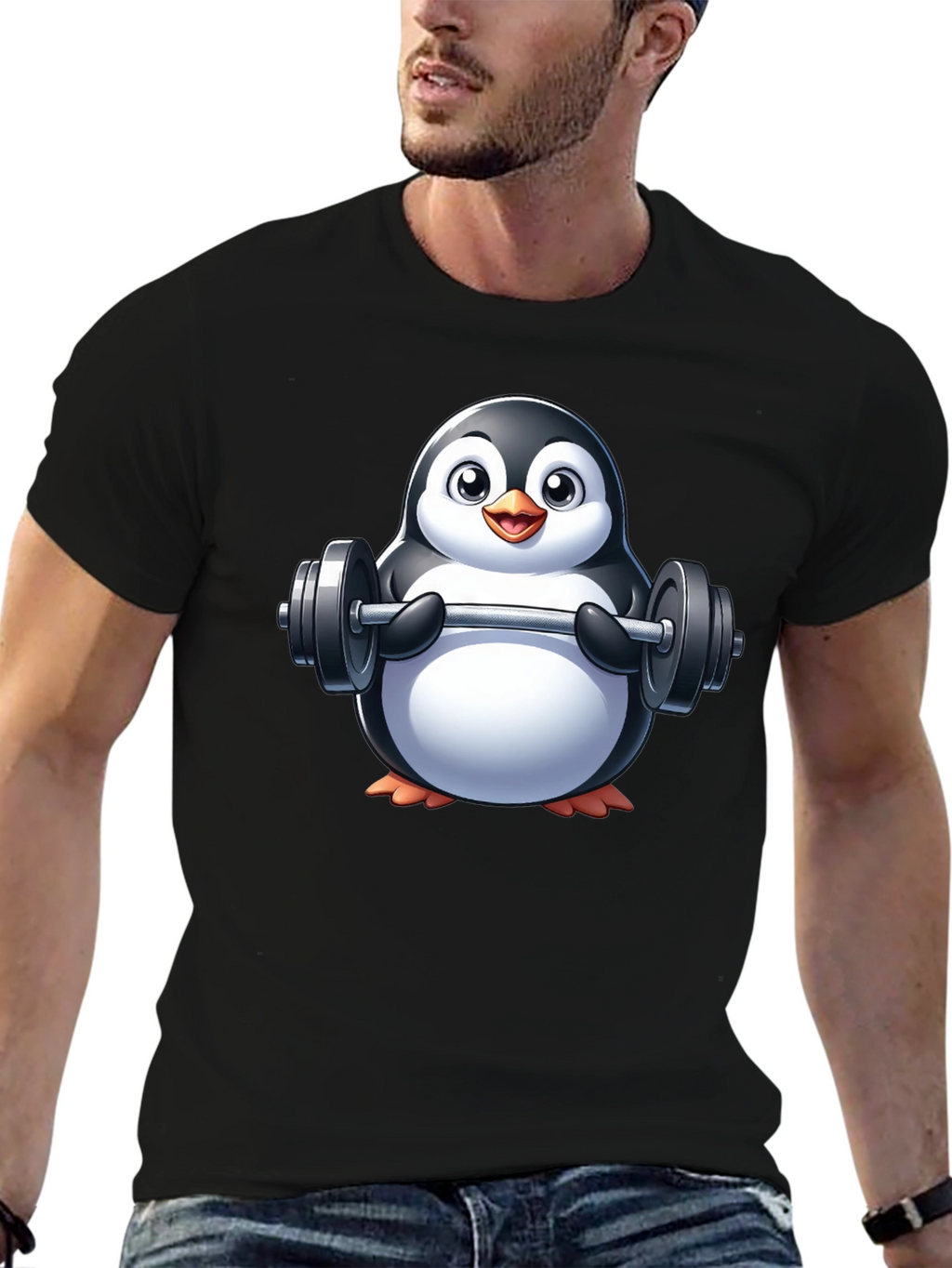 Penguin Lifting Weights Graphic Tee