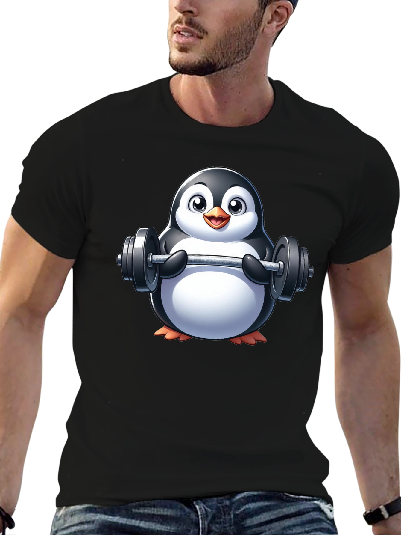 Penguin Lifting Weights Graphic Tee