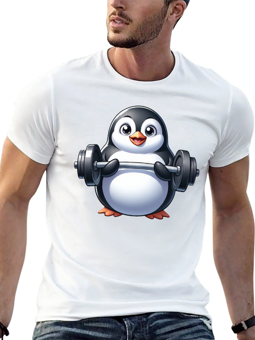 Penguin Lifting Weights Graphic Tee