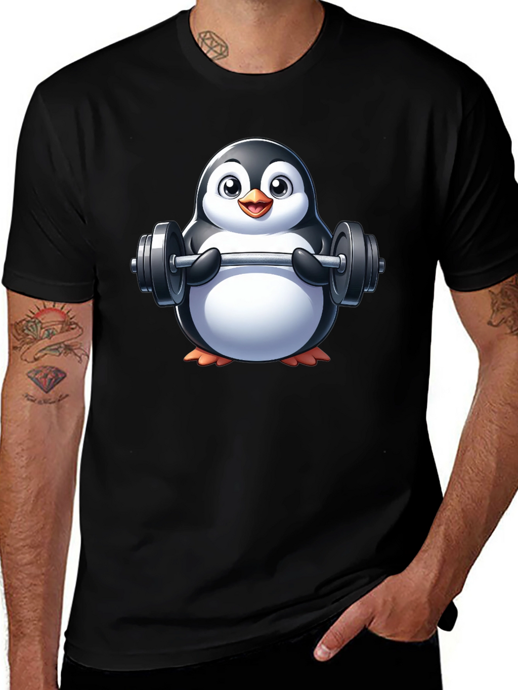 Penguin Lifting Weights Graphic Tee