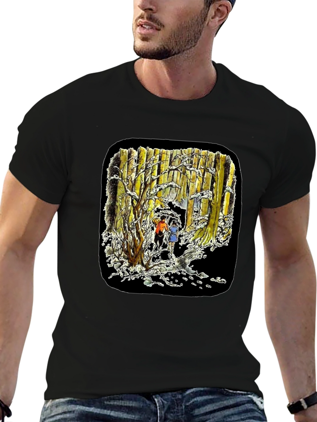 Winter Forest Print Black T-Shirt
