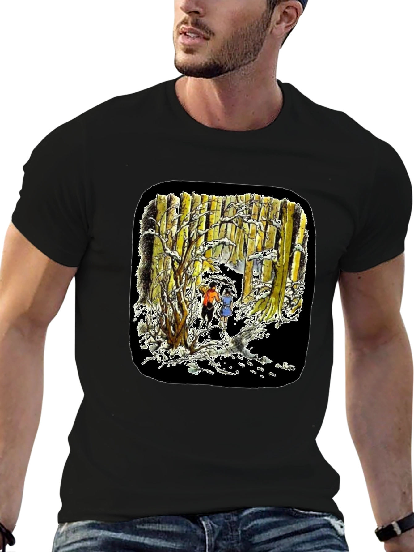 Winter Forest Print Black T-Shirt