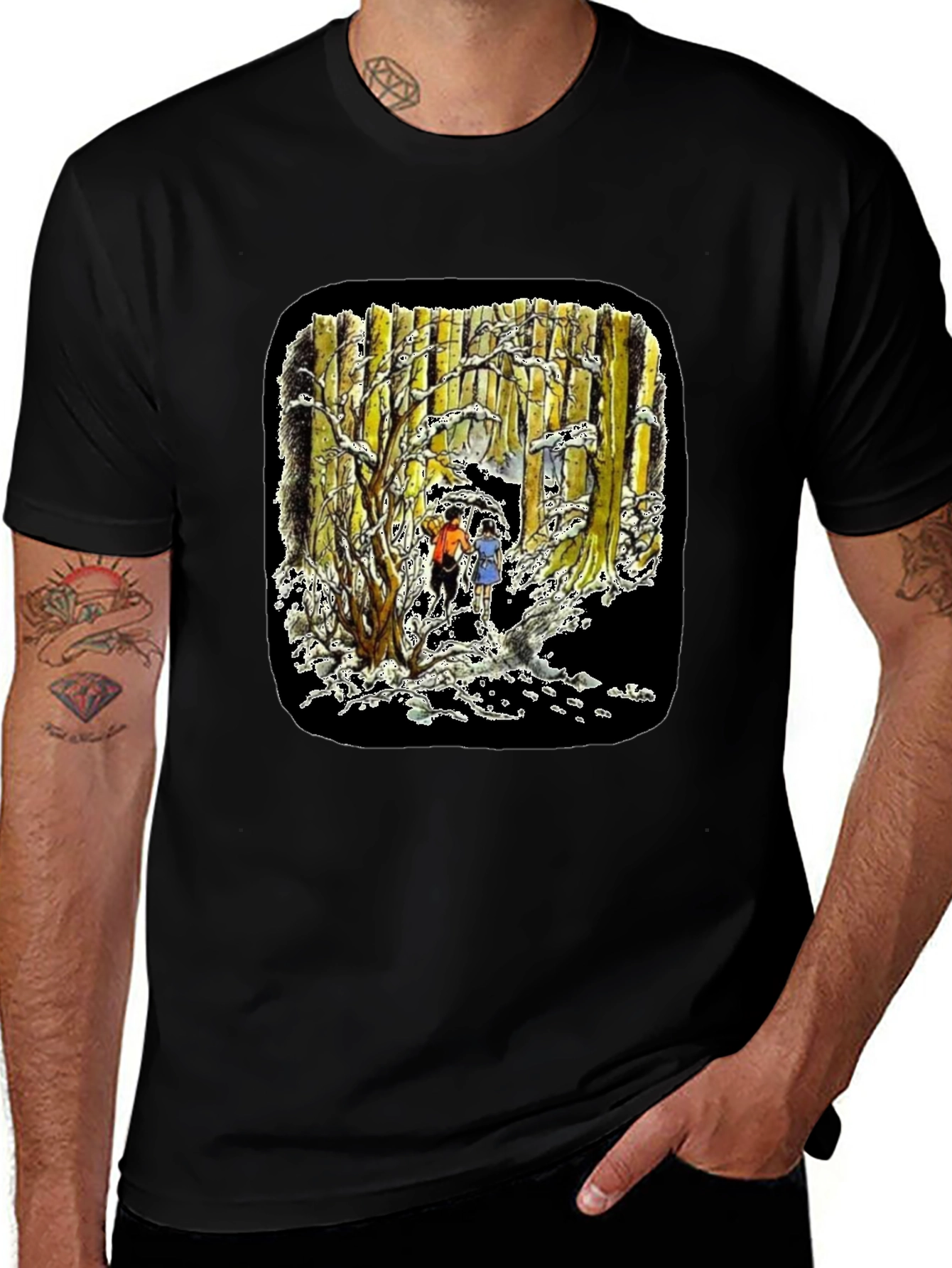 Winter Forest Print Black T-Shirt