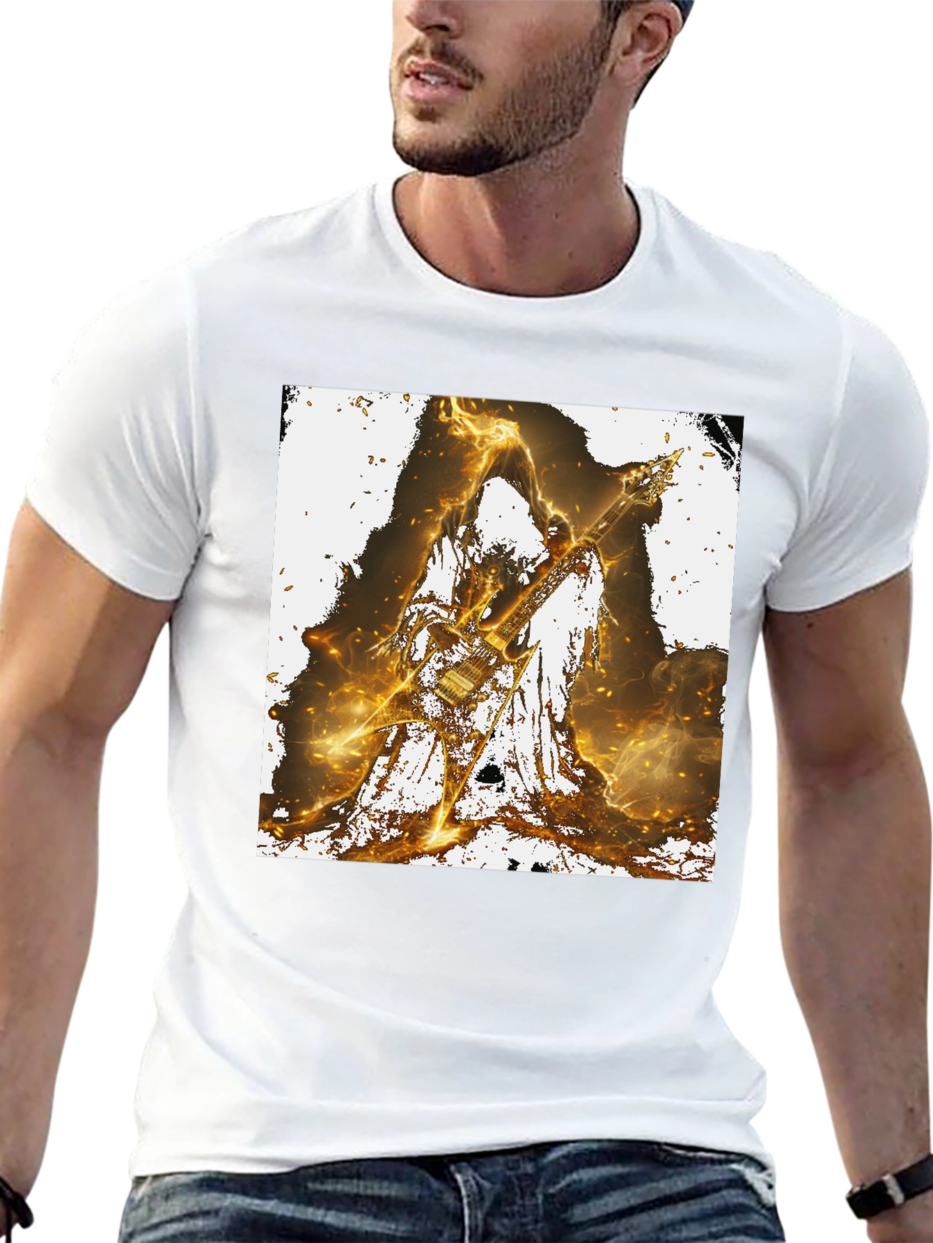 Fiery Guitarist Graphic Tee - Black Cotton T-Shirt
