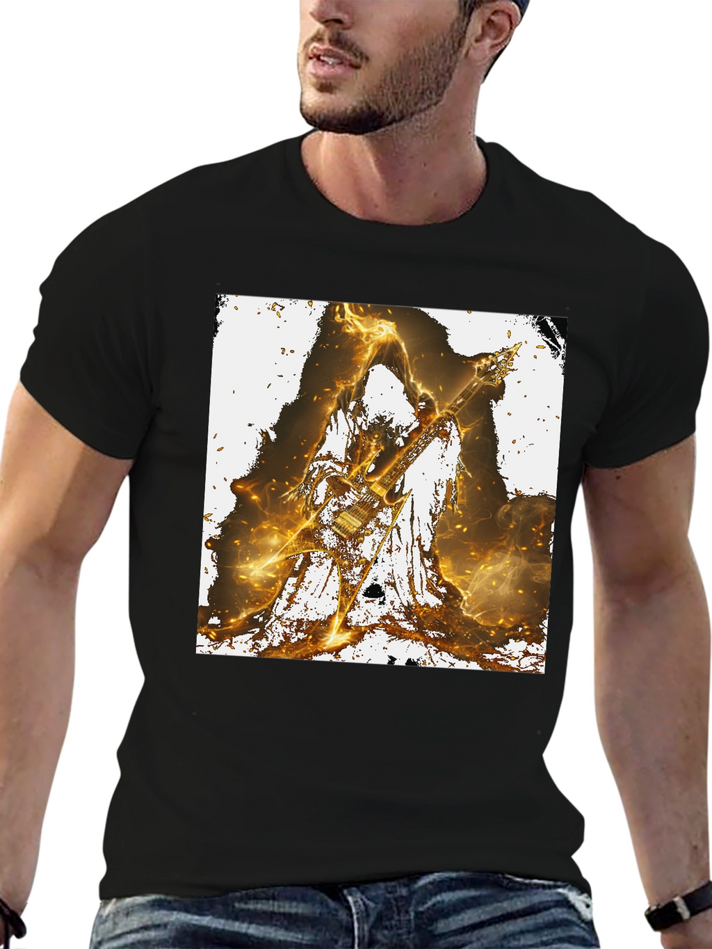 Fiery Guitarist Graphic Tee - Black Cotton T-Shirt