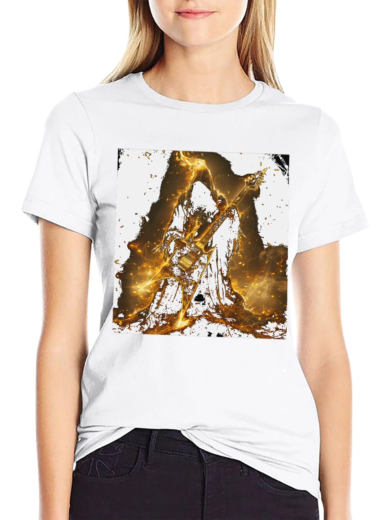 Fiery Guitarist Graphic Tee - Black Cotton T-Shirt
