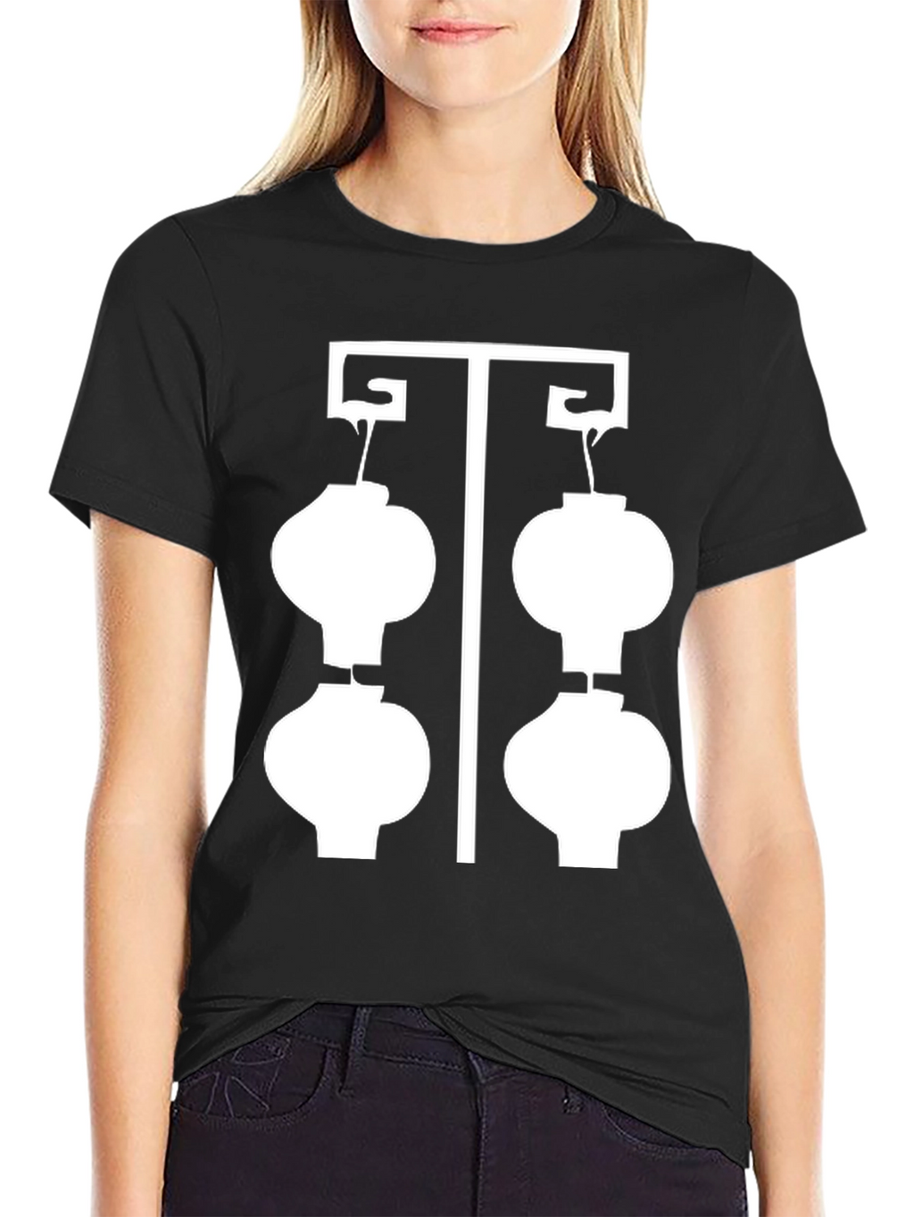 Black T-Shirt with White Lantern Graphic