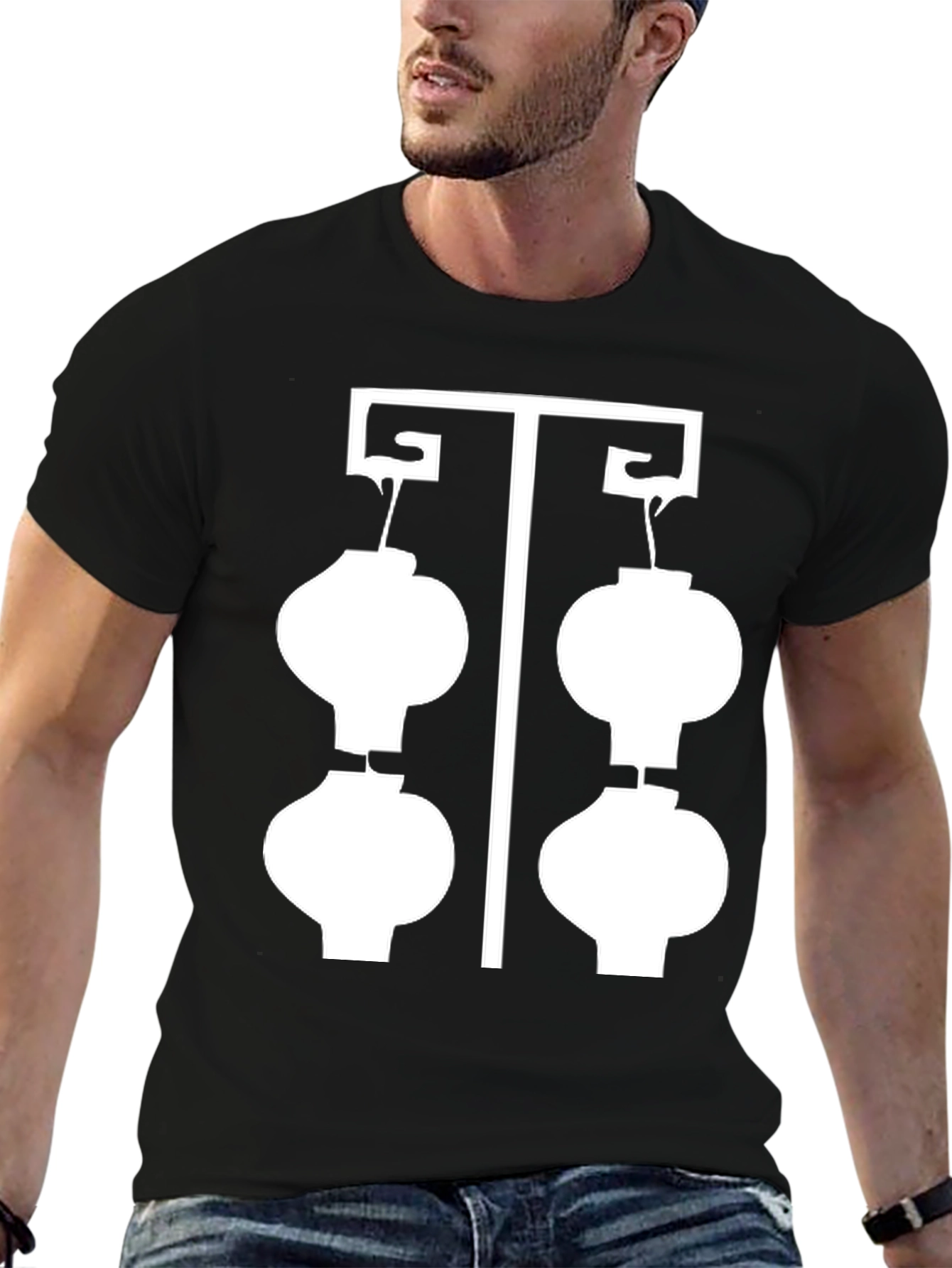 Black T-Shirt with White Lantern Graphic
