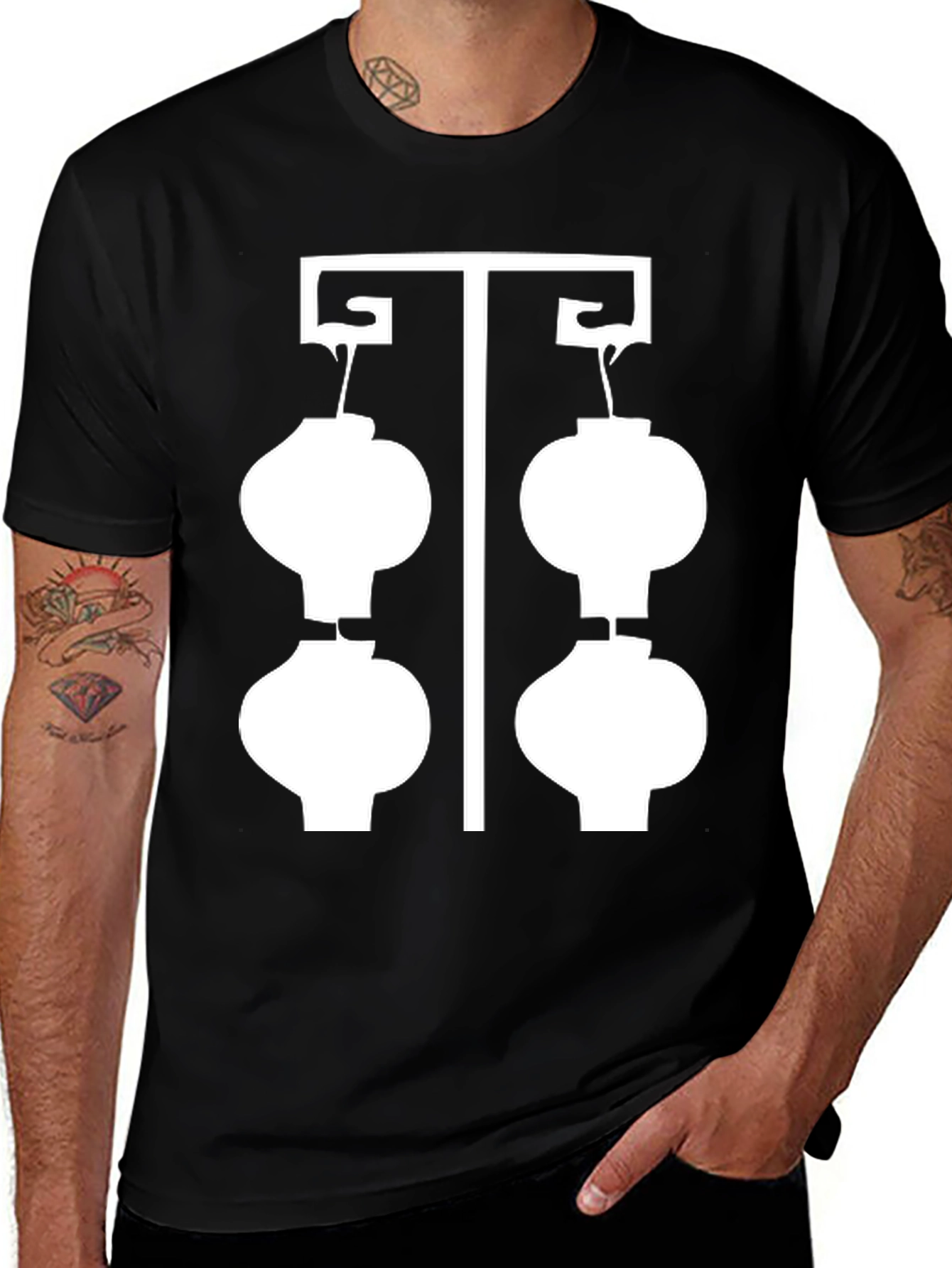 Black T-Shirt with White Lantern Graphic