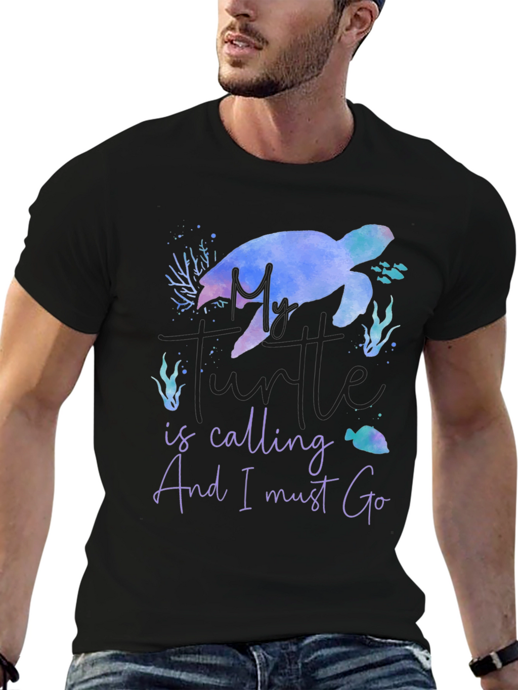 My Turtle Is Calling Mens Black T-Shirt