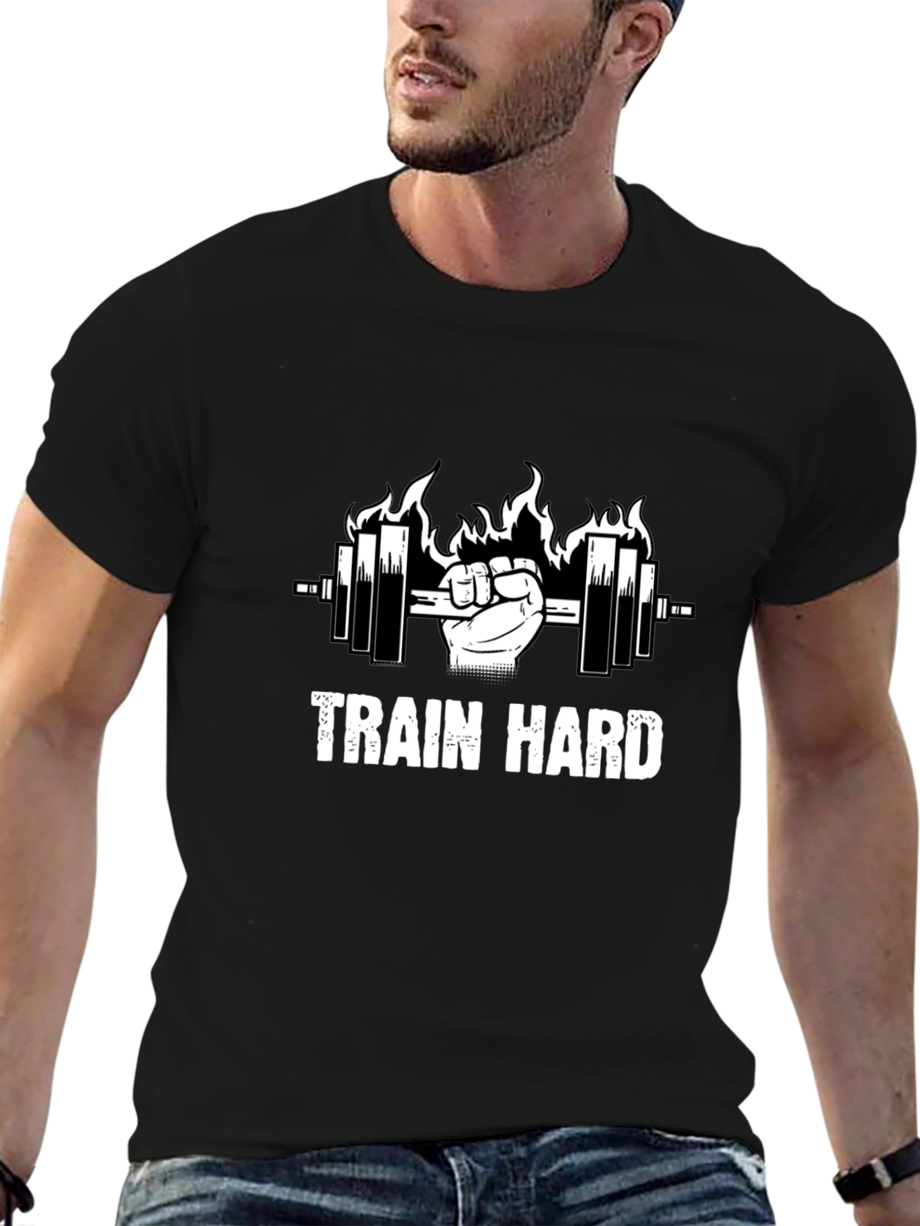 Train Hard Black Graphic Tee - Weightlifting Motivation