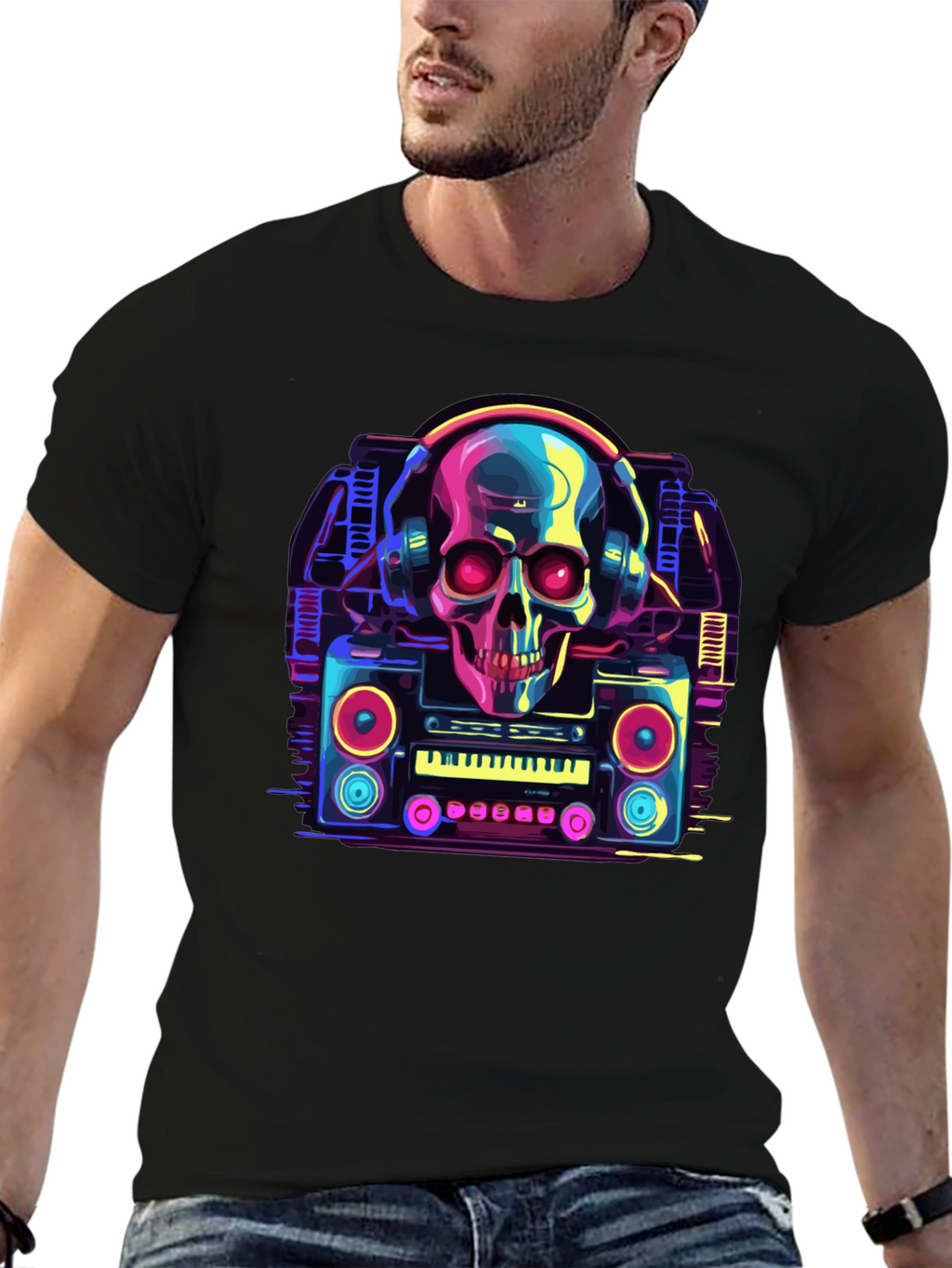 Skull Boombox Graphic Tee - Retro Music Style