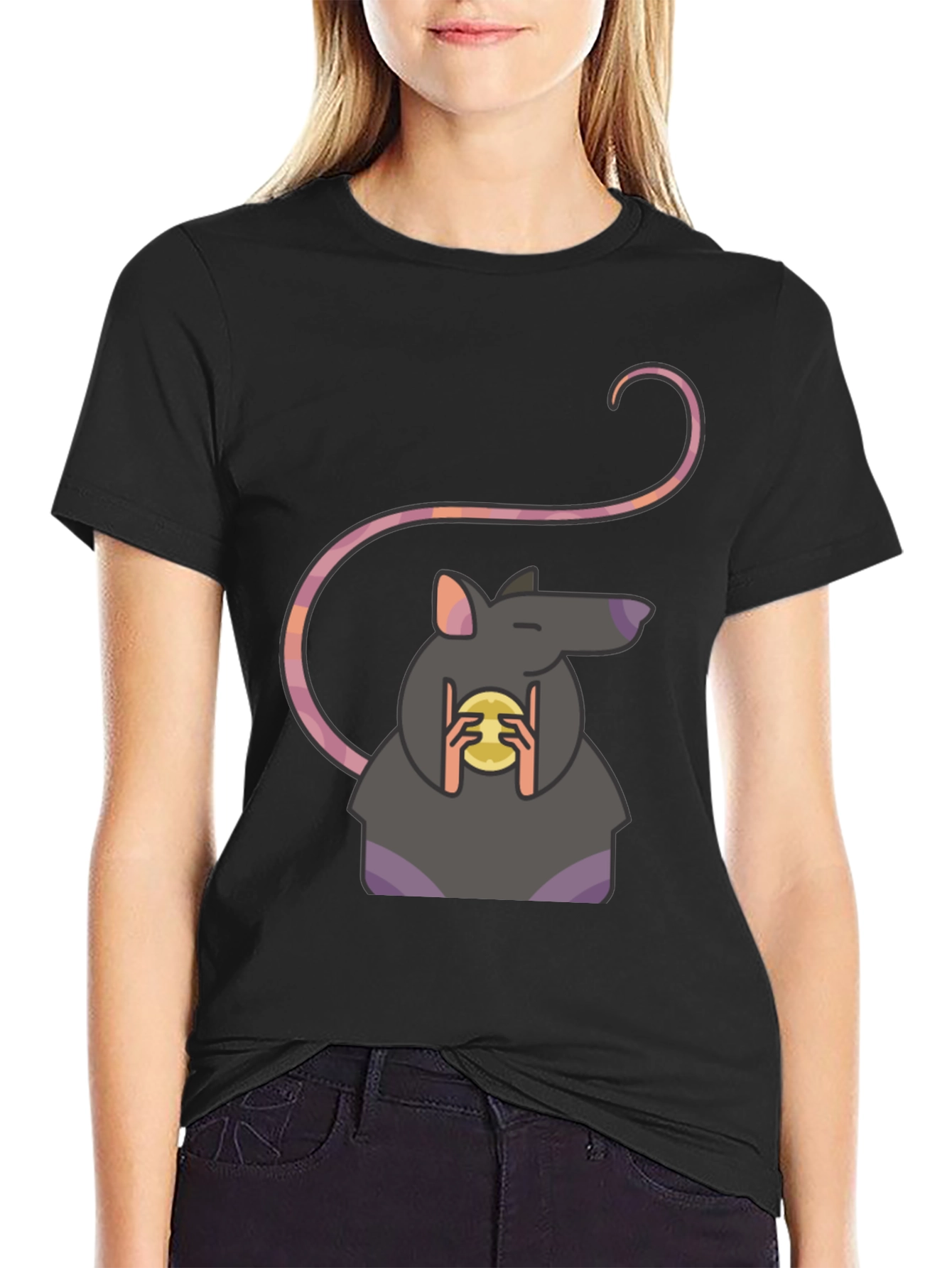 Rat Holding Cheese Graphic Tee - Black Casual Shirt