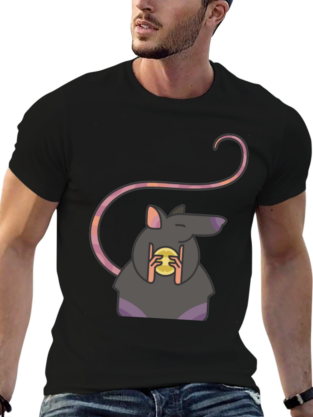 Rat Holding Cheese Graphic Tee - Black Casual Shirt
