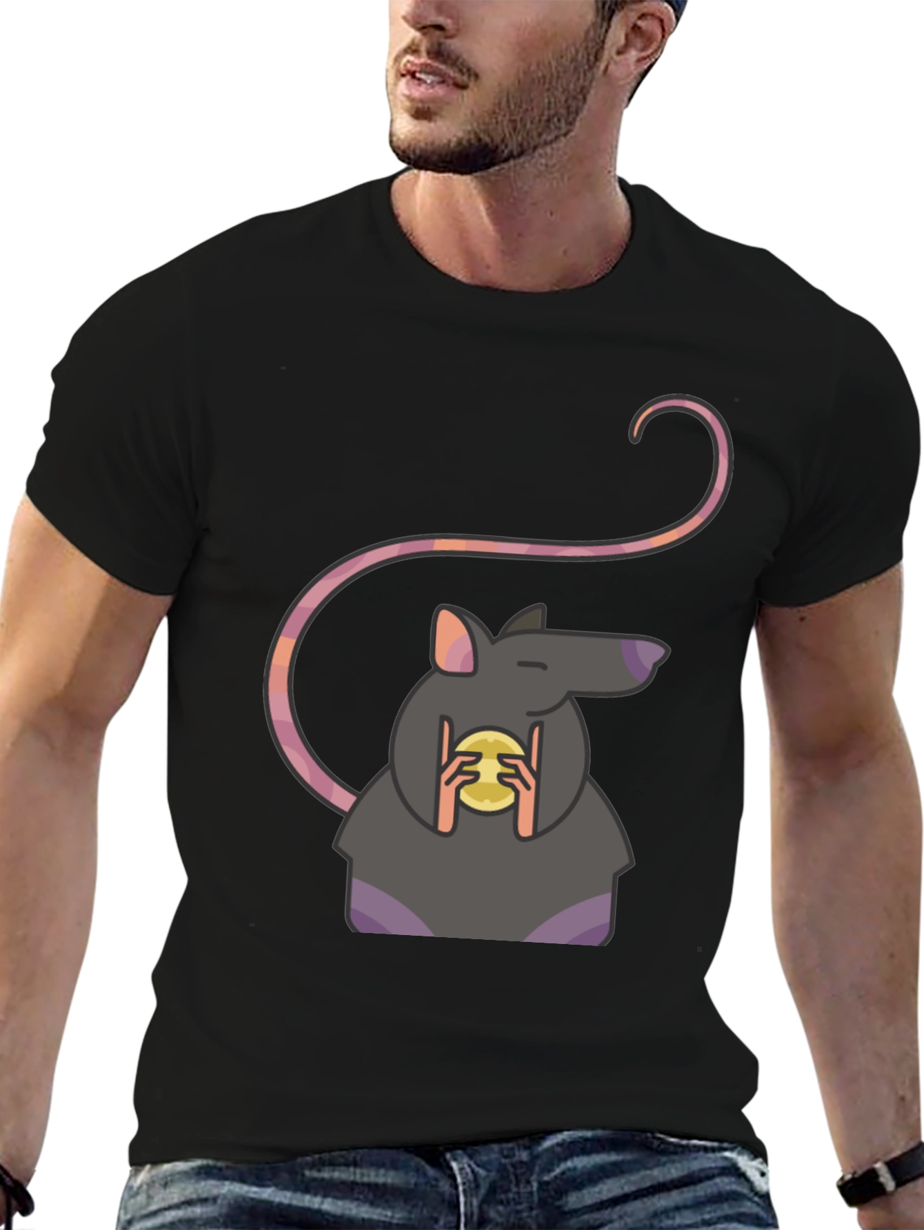 Rat Holding Cheese Graphic Tee - Black Casual Shirt