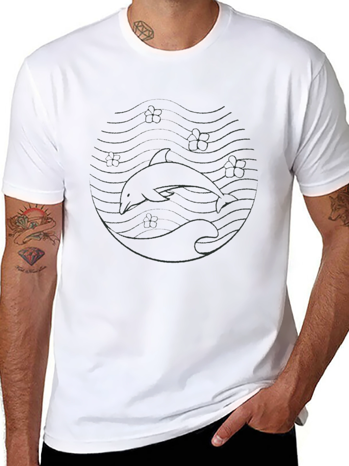Dolphin Wave Graphic Tee - Casual Black T-Shirt