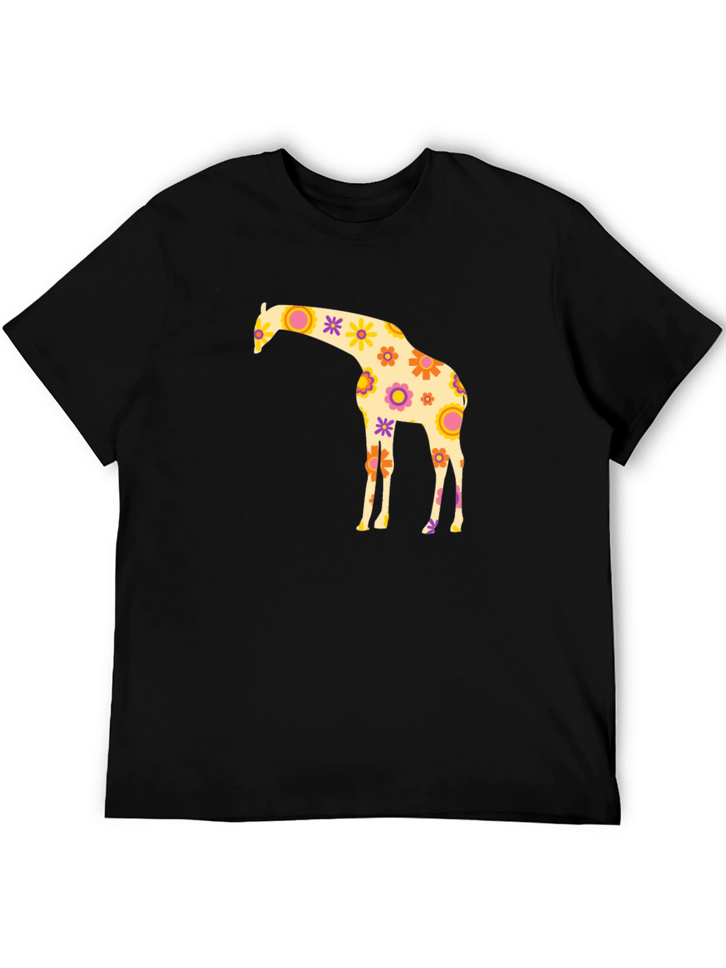 Floral Giraffe Graphic Tee - Black Cotton T-Shirt
