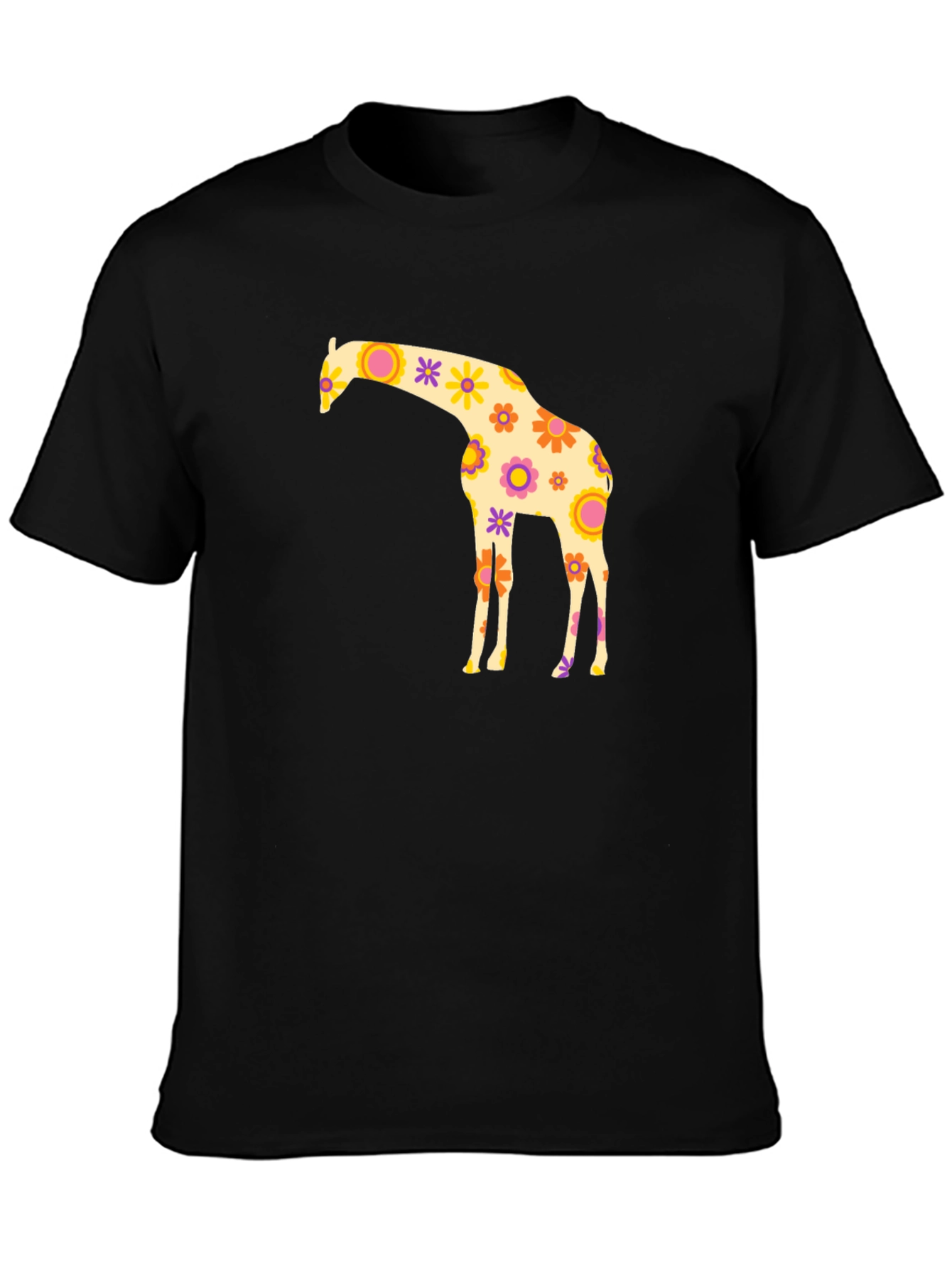 Floral Giraffe Graphic Tee - Black Cotton T-Shirt