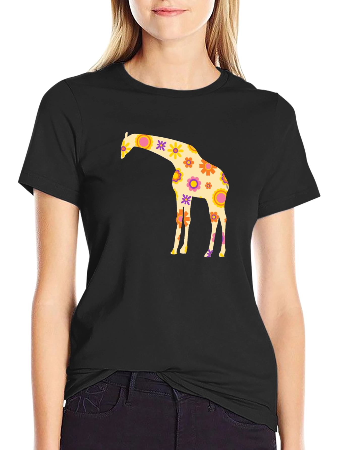 Floral Giraffe Graphic Tee - Black Cotton T-Shirt