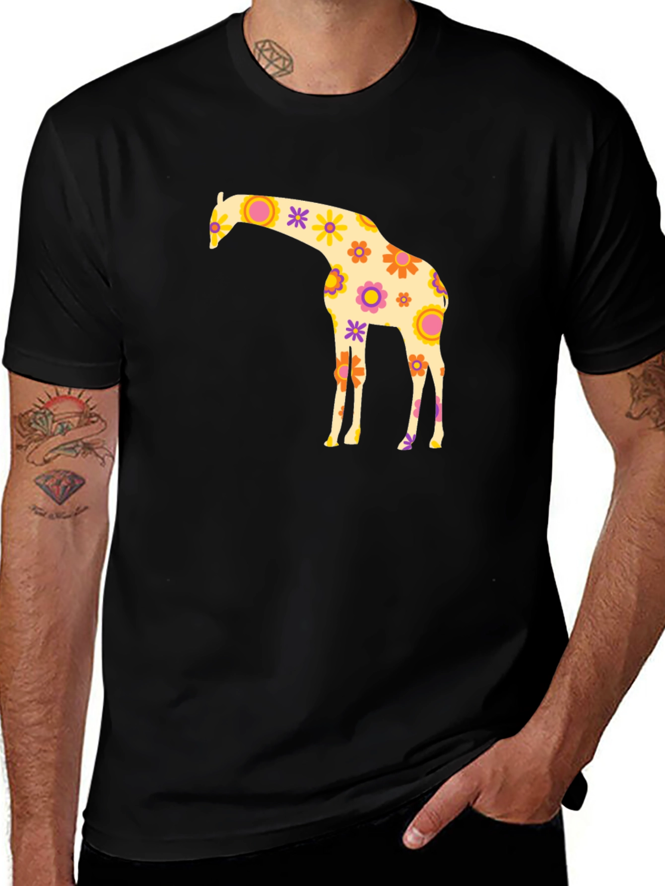 Floral Giraffe Graphic Tee - Black Cotton T-Shirt