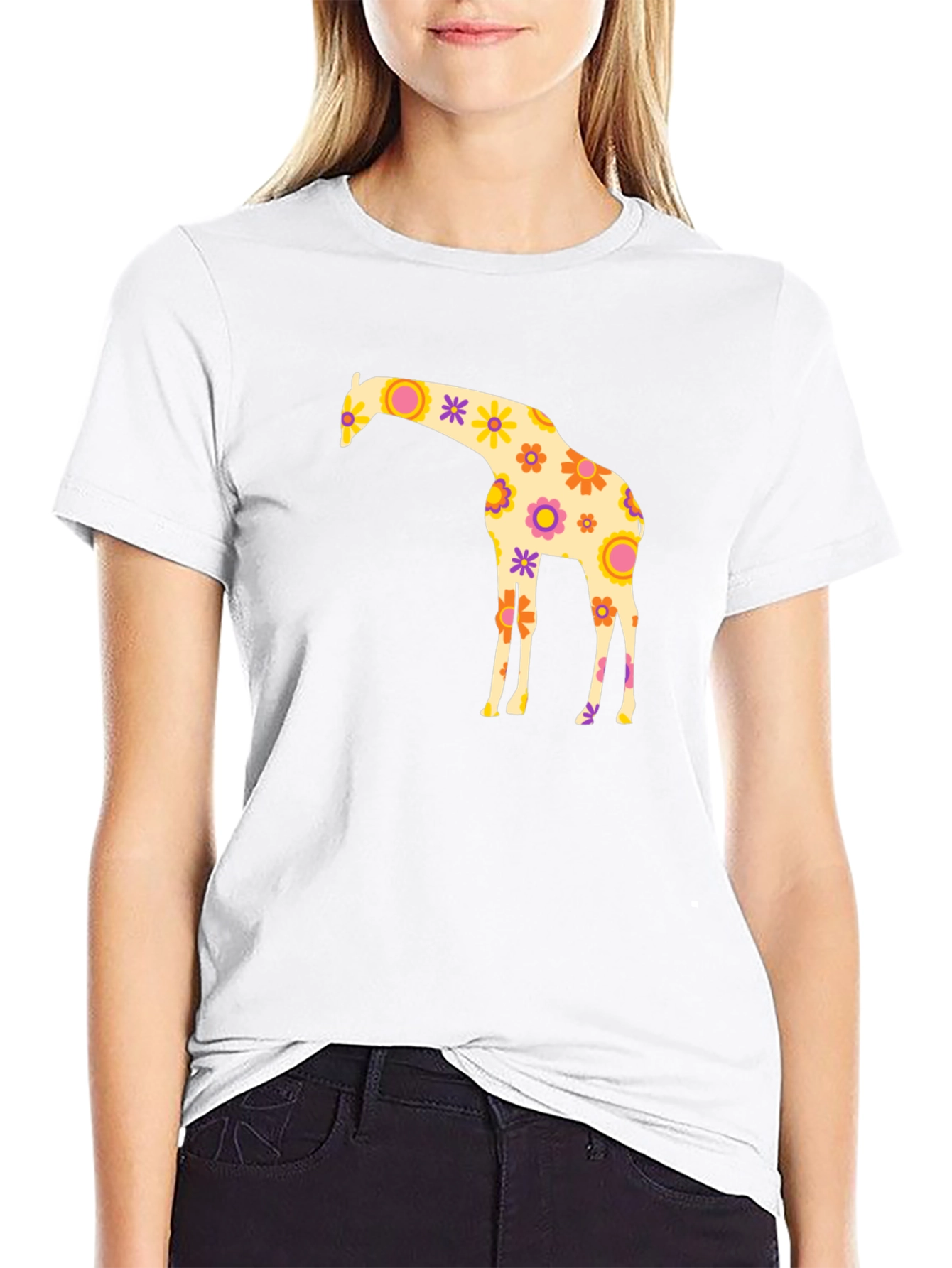 Floral Giraffe Graphic Tee - Black Cotton T-Shirt