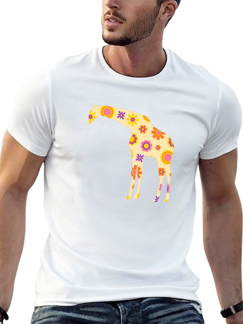 Floral Giraffe Graphic Tee - Black Cotton T-Shirt