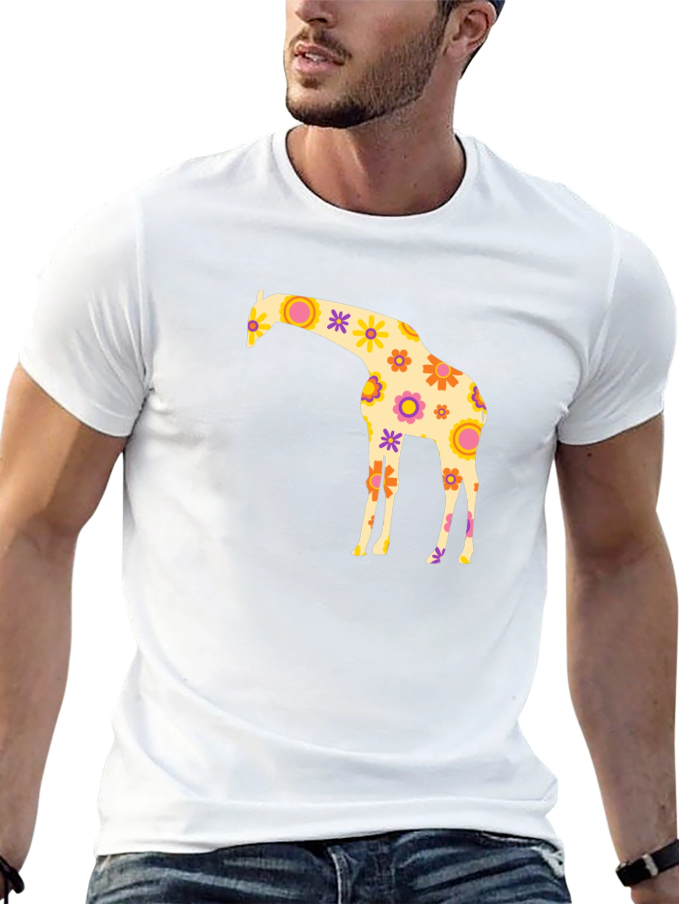 Floral Giraffe Graphic Tee - Black Cotton T-Shirt