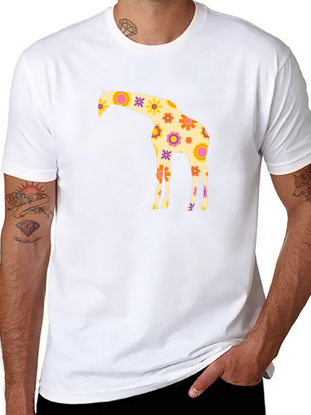 Floral Giraffe Graphic Tee - Black Cotton T-Shirt