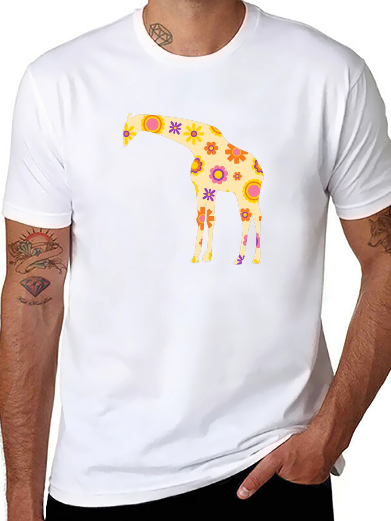 Floral Giraffe Graphic Tee - Black Cotton T-Shirt